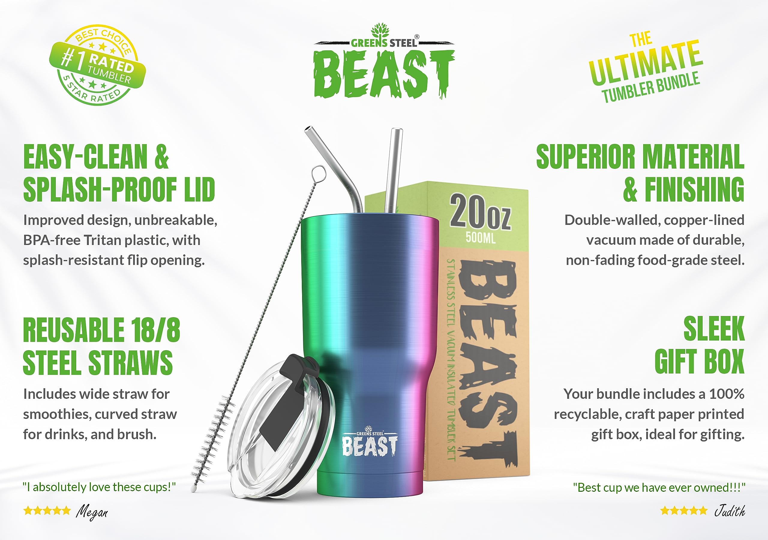 Beast 20 oz Tumbler Stainless Steel Vacuum Insulated Coffee Ice Cup Double Wall Travel Flask (Rainbow)