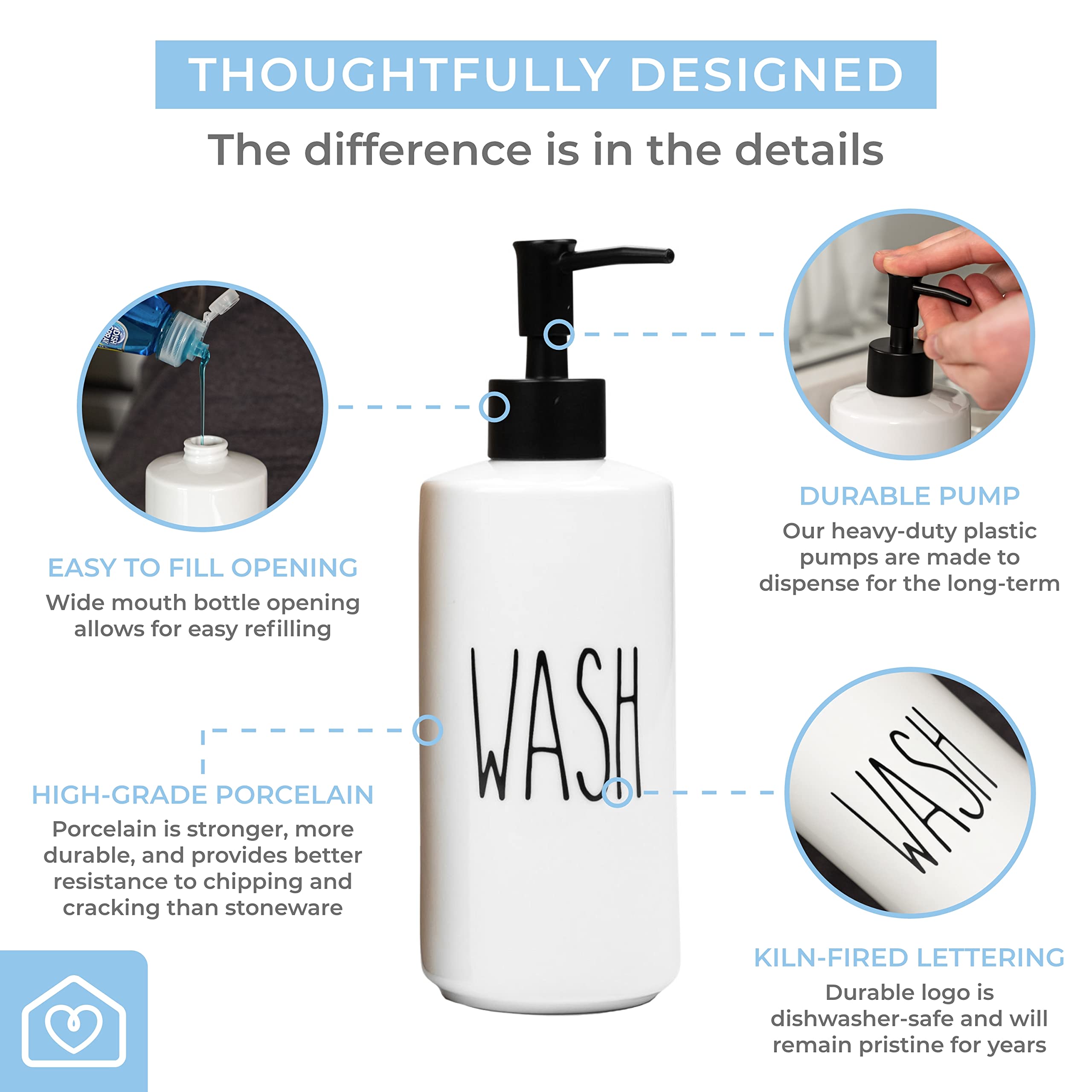 Heartland Home Porcelain 16Oz Liquid Soap Dispenser. Dish Soap Dispenser For Kitchen Sink, Hand Soap Dispenser For Bathroom, Pum