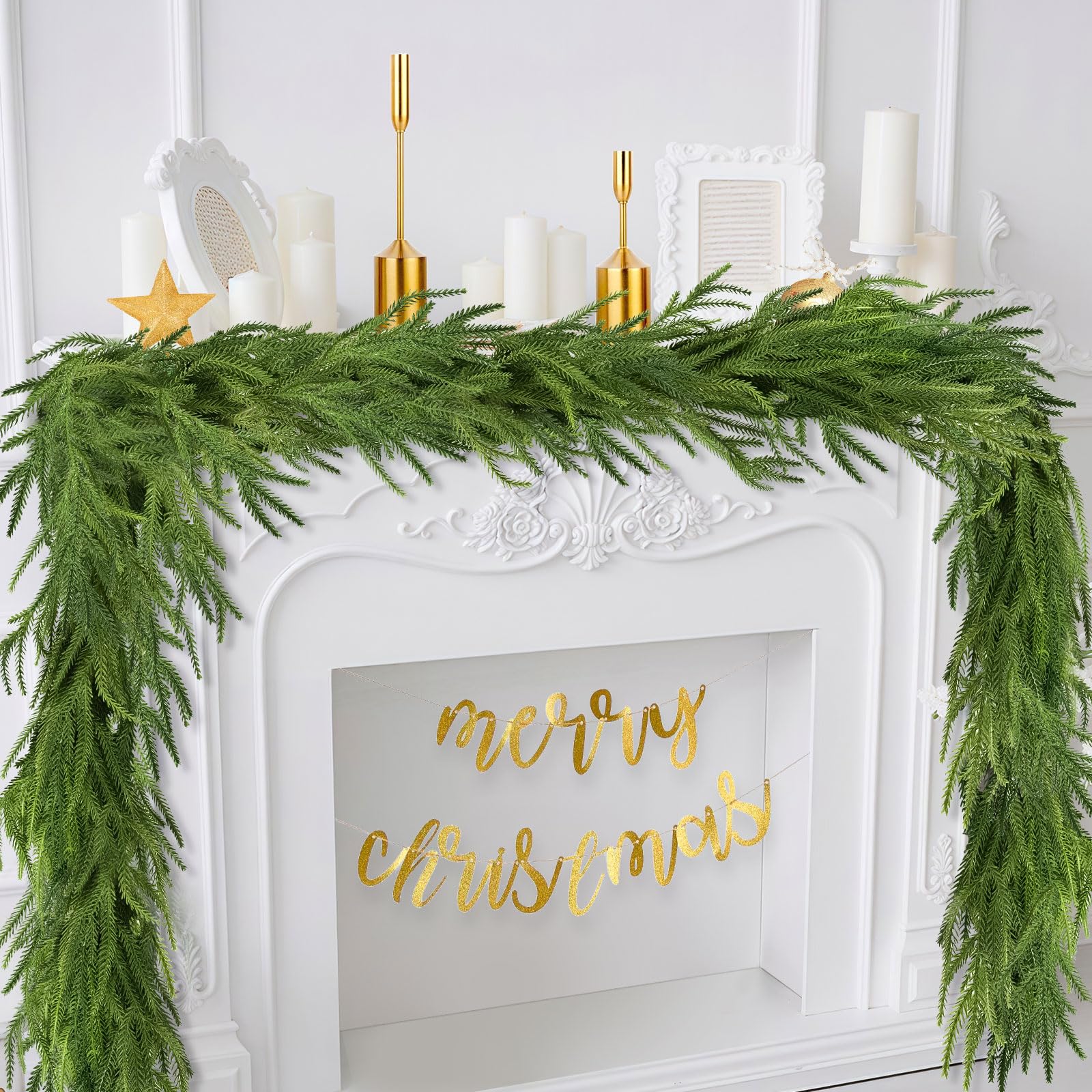 9.8Ft Christmas Norfolk Pine Garland with Berry and Pines,Real Touch Cedar Garland,Pine Garlands for Mantle, Table,Stair Handrai