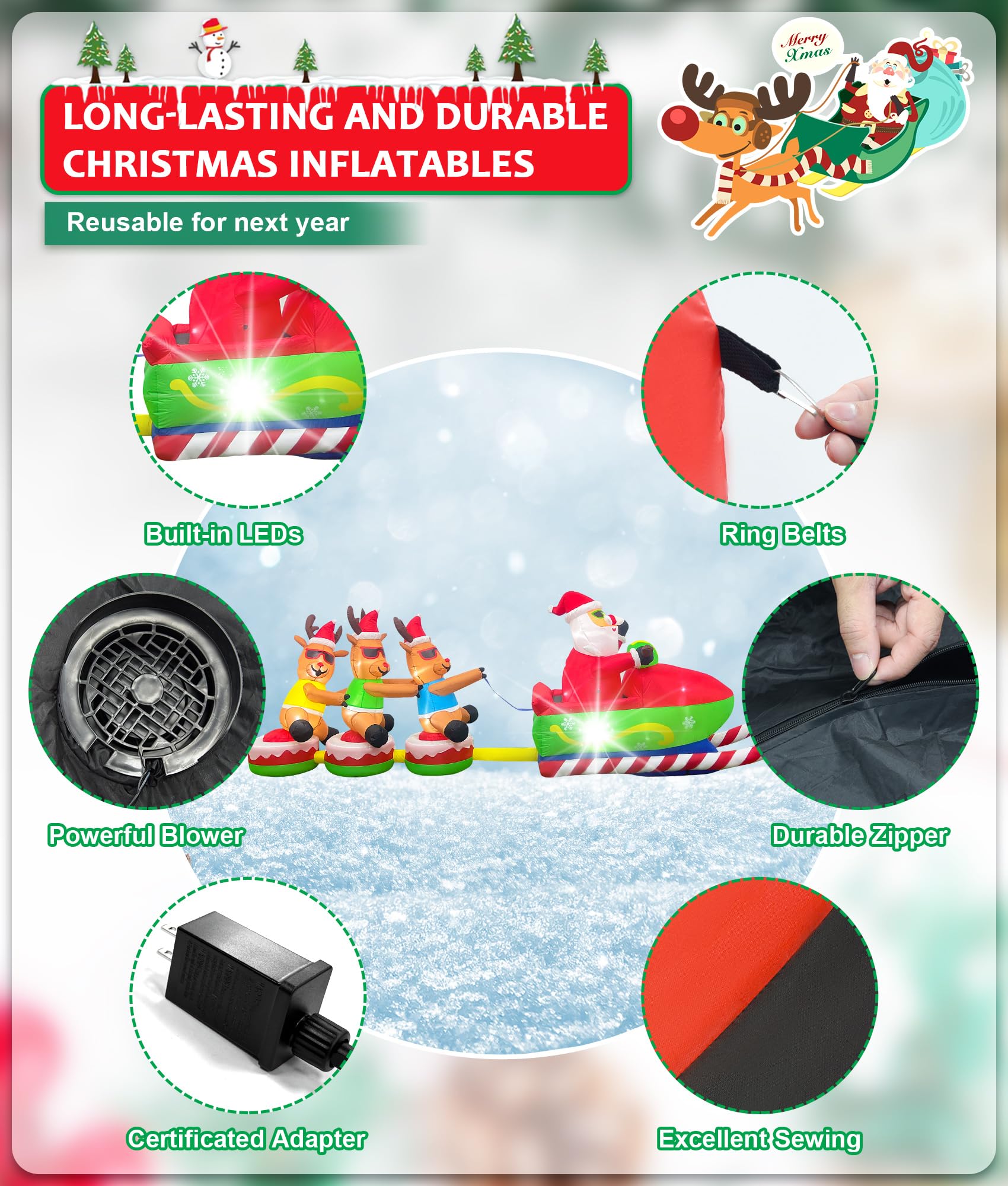 EAONE 12FT Christmas Inflatable Santa Claus with Reindeers & LEDs, Multi-colored Outdoor Yard Decoration, Model BDD078