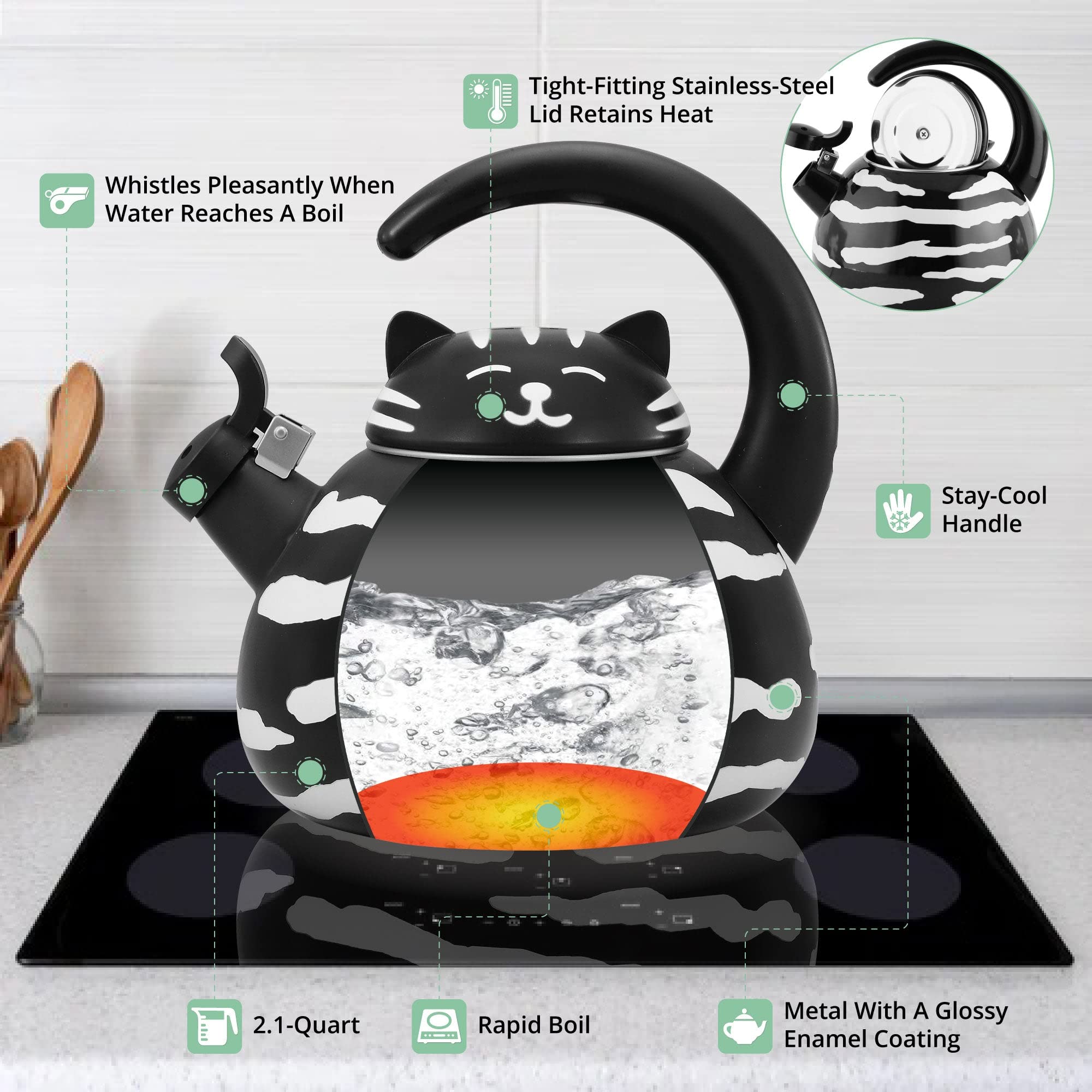 Whistling Tea Kettle For Stove Top Enamel On Steel Teakettle, Supreme Housewares Black Cat Design Teapot Water Kettle Cute Kitch