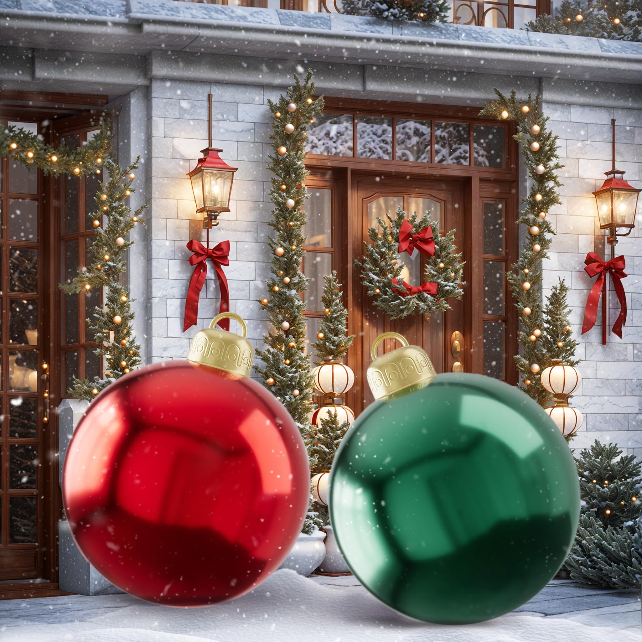 2Pcs 24 Inch Christmas Inflatable Balls Outdoor Giant Christmas Balls, Large Outdoor Christmas Ornaments Ball Xmas Hangable Blow