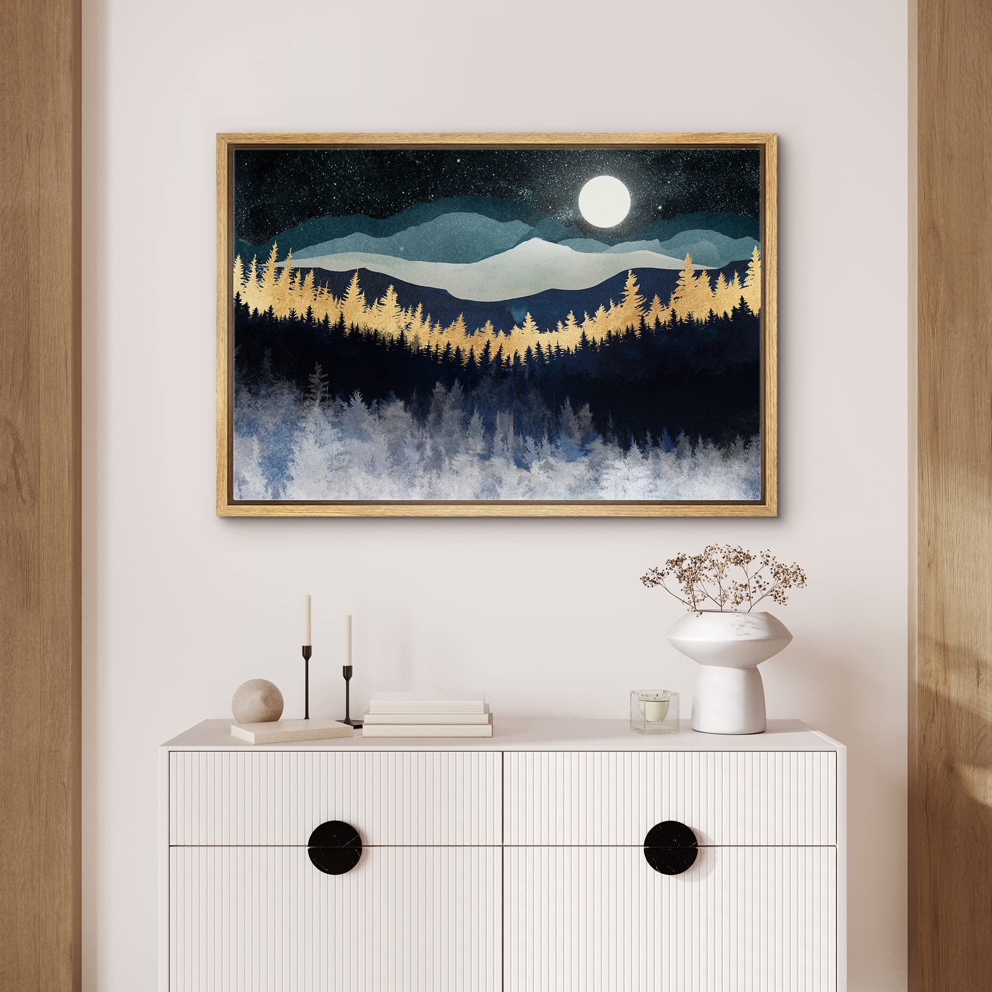 Signford Framed Canvas Print Wall Art Gold Blue Moonlight Mountain Forest Nature Wilderness Illustrations Modern Art Rustic Zen