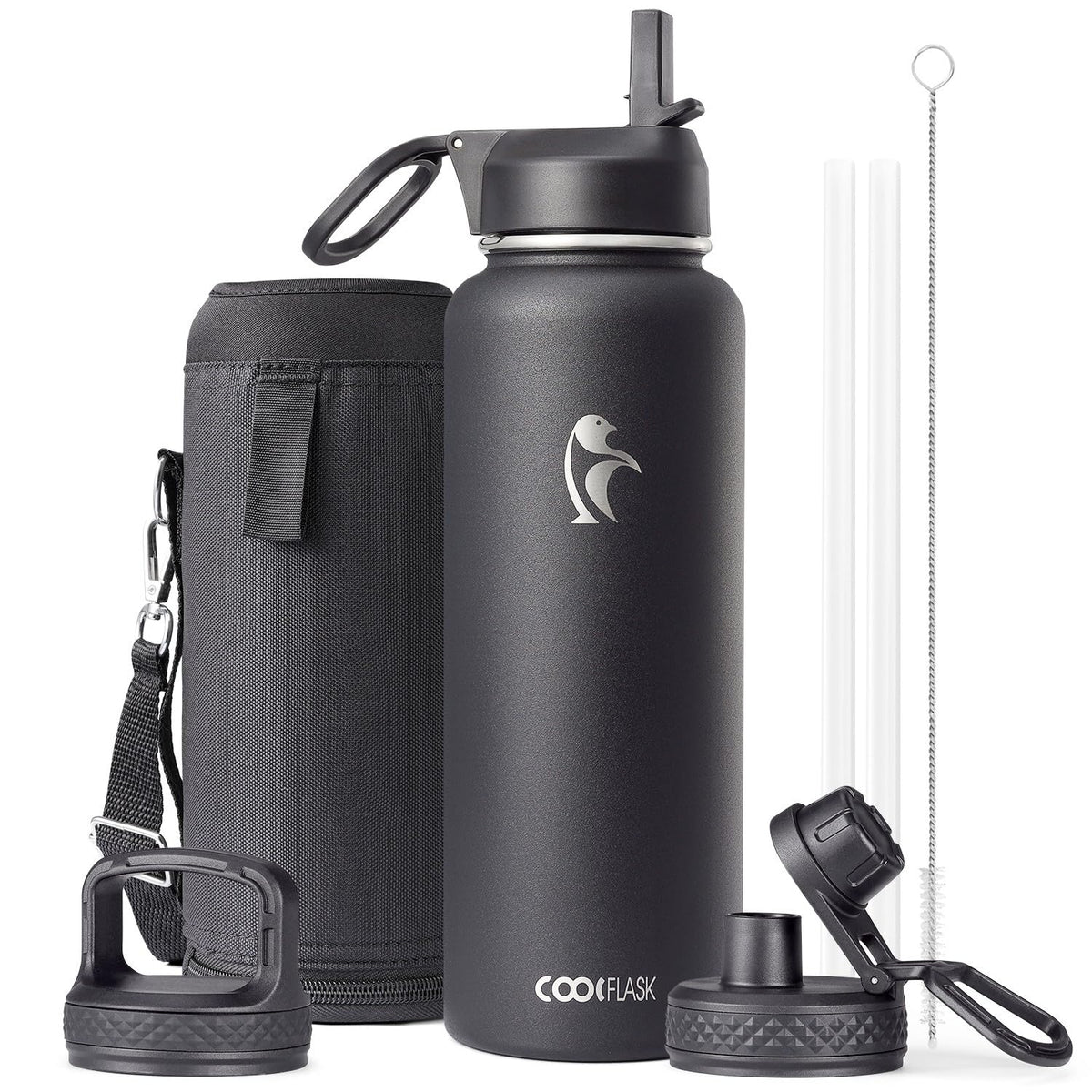 Water Bottle 40 Oz Insulated With Straw&Brush, Coolflask Vaccum Stainless Steel Metal 3 Lids Water Flask For Sports, Gym Or Offi