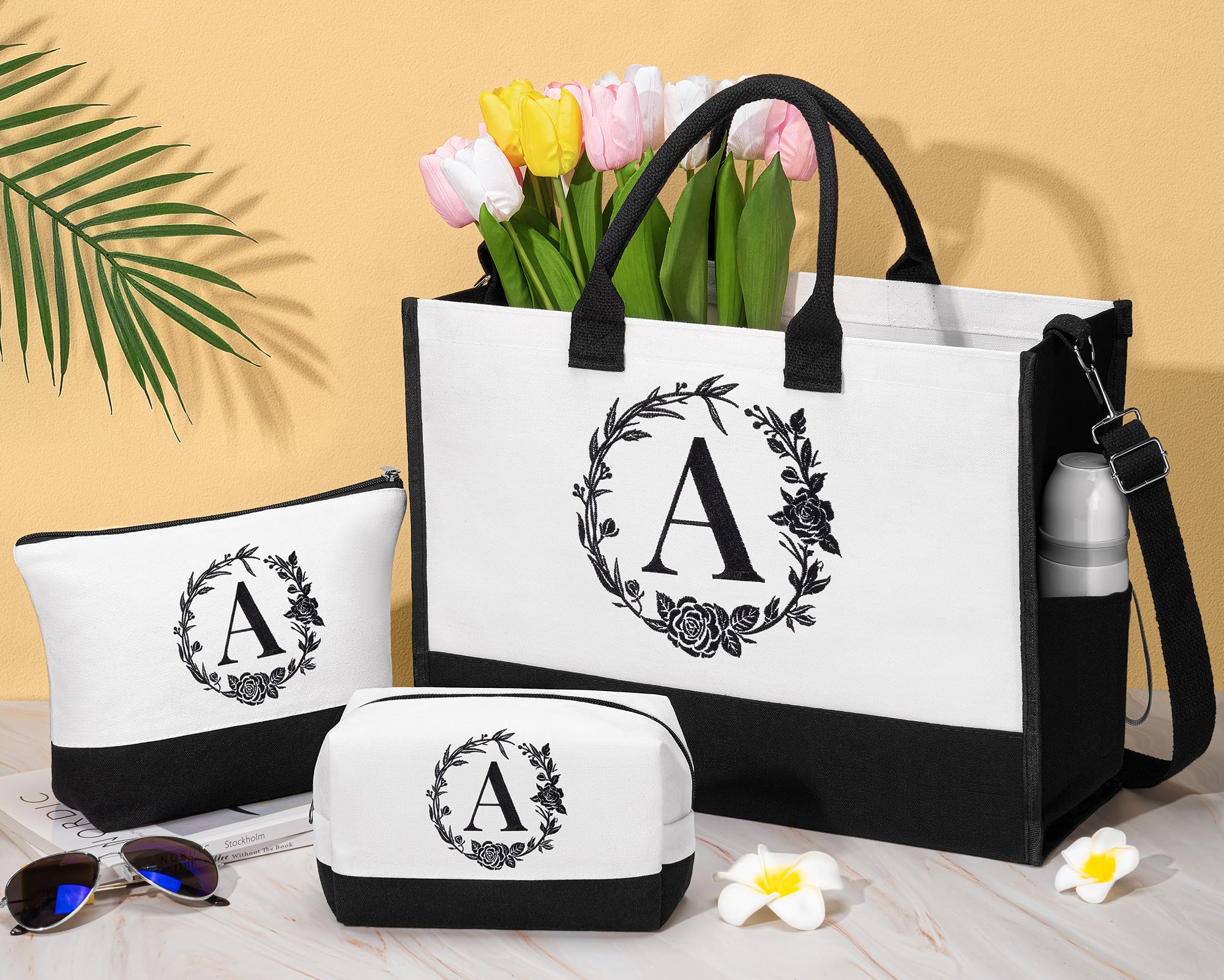 Personalized Valentines Day Gifts For Women, Initial Canvas Tote Bag & Makeup Bag Monogrammed Beach Tote Bag For Women W/Zipper,