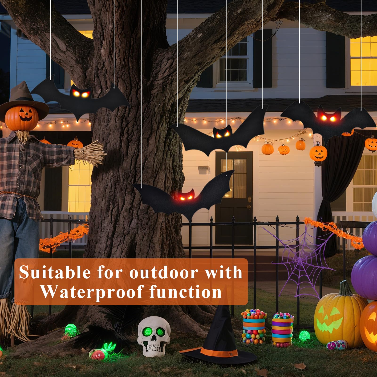 Lighted Halloween Hanging Bats, 4 Packs Halloween Decorations Outdoor Scary Large Black Hanging Flying Bat with LED Lights Spook