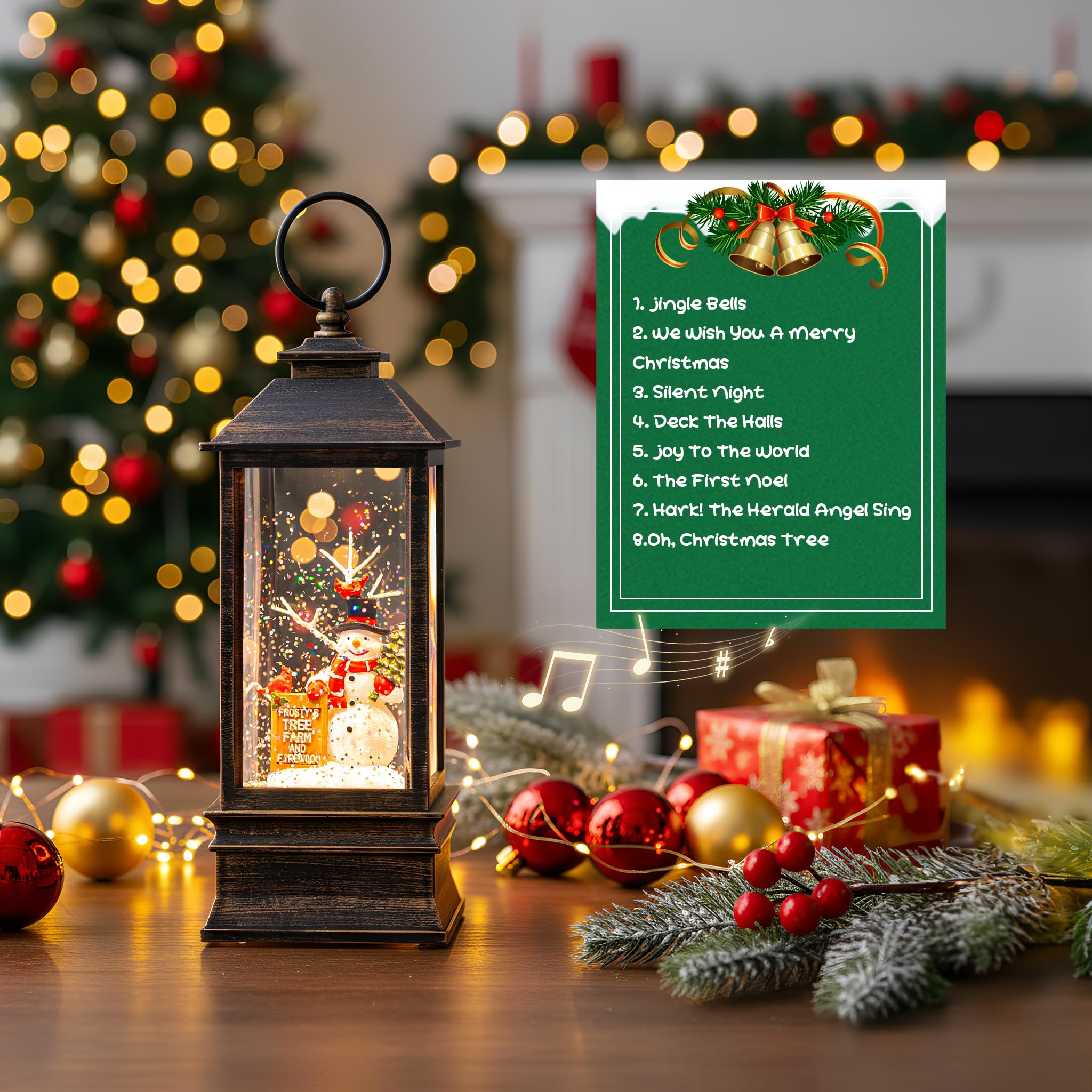 10 Frostys Tree Farm Snowman Musical Lighted Snow Globe Water Lantern with Swirling Glitter Decoration for Christmas Home, Li