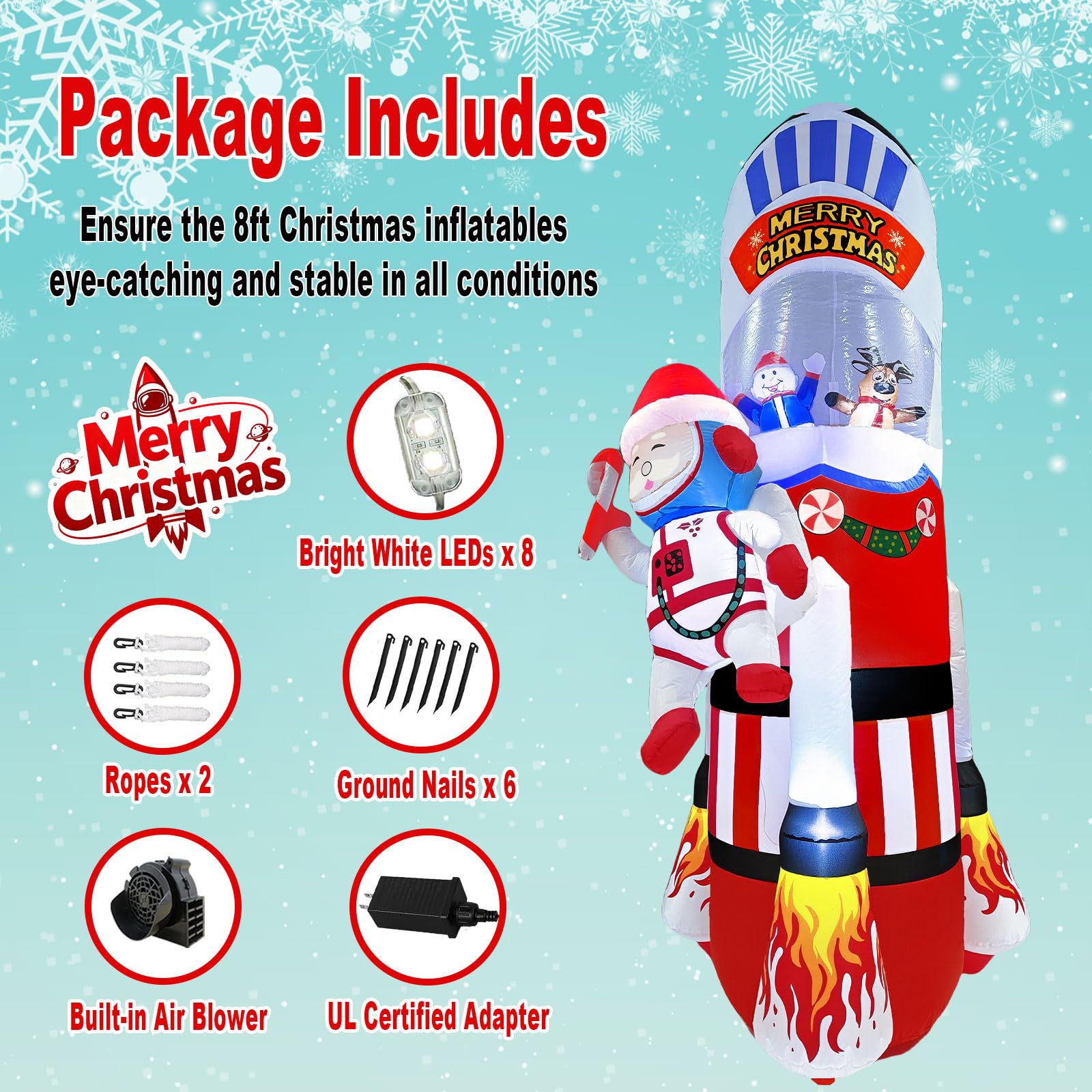 UoVeHoin 8FT Christmas Inflatables Space Outdoor Decorations, Blow Up Santa Claus Snowman Reindeer Rocket Yard Decoration Built-
