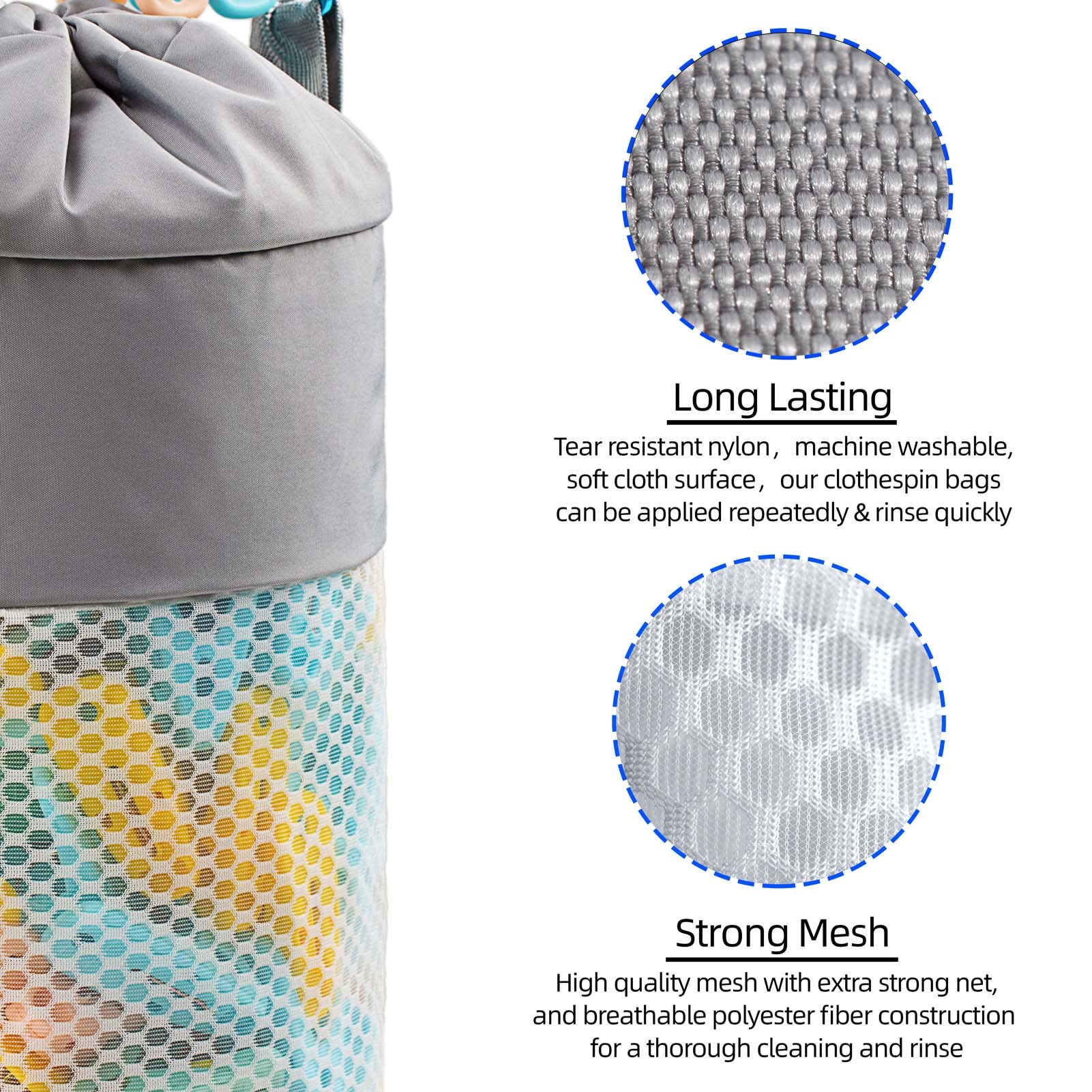 Mesh Clothespin Bag Holder Outside, Ventilation And Moisture Resistance, Multiple Hanging Methods Clothes Pin Bag With Drawstrin