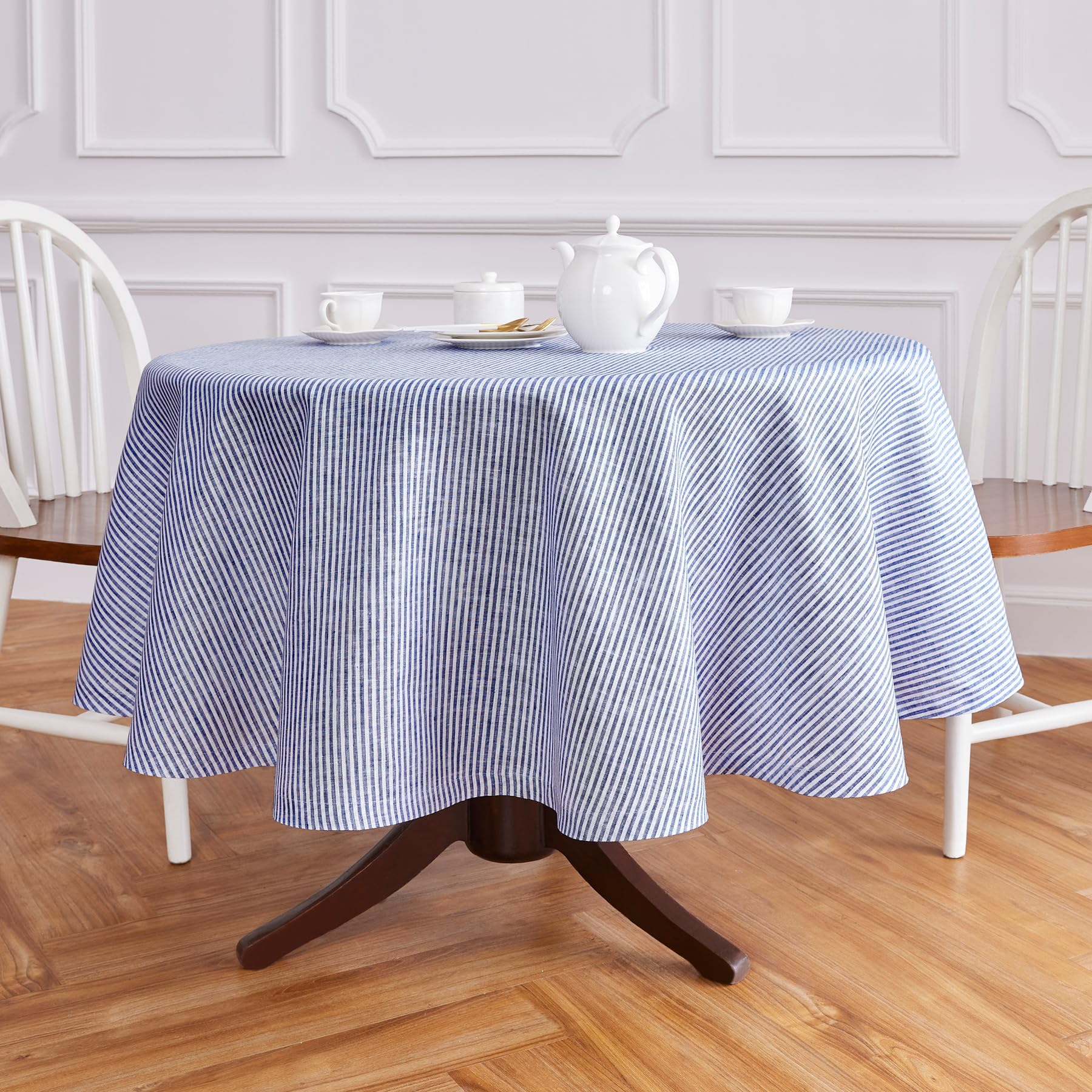Solino Home Stripe Linen Round Tablecloth - 100% Pure Linen Navy And White Tablecloth 60 Inch Diameter For Spring, Easter - Hand