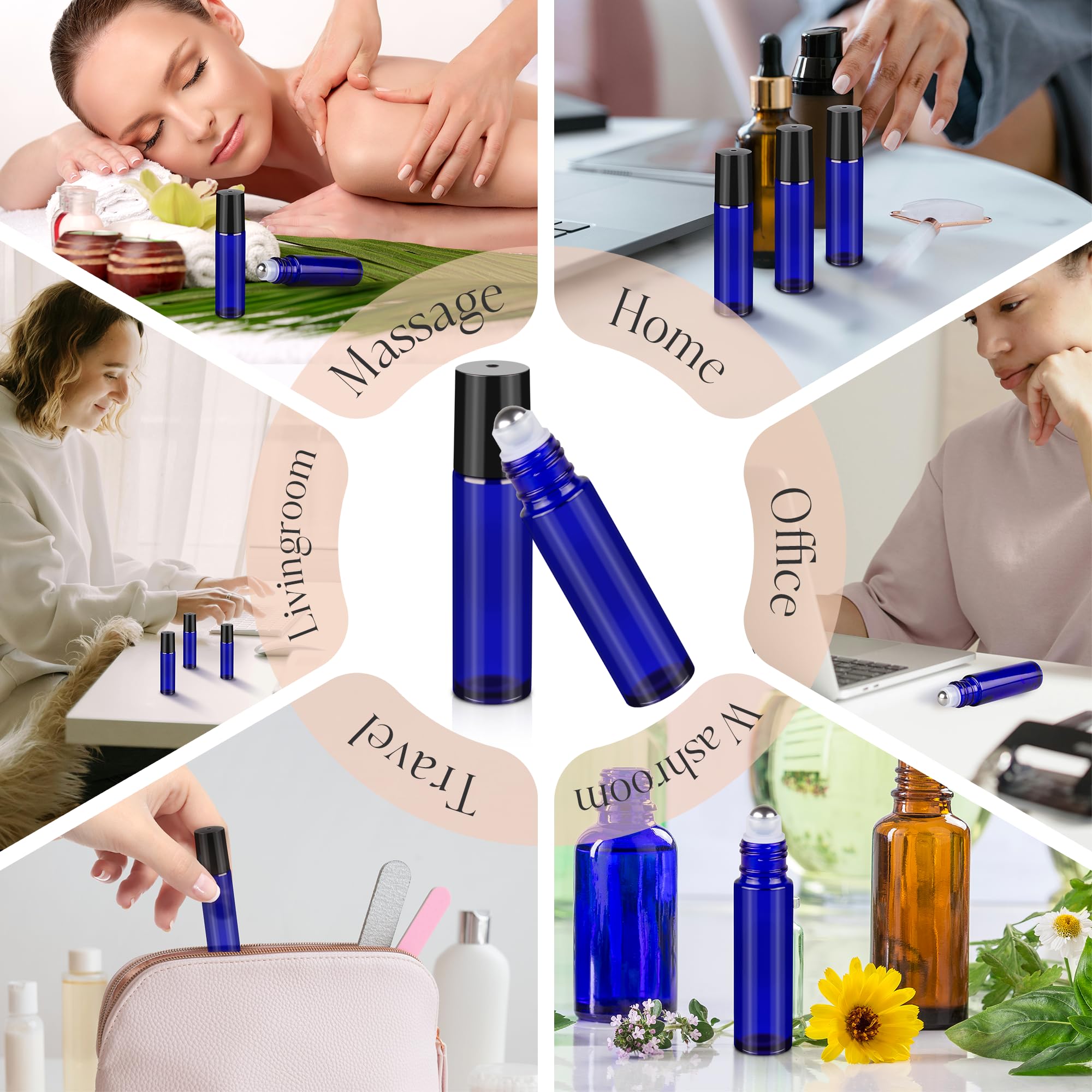 Zejia 10Ml Roller Bottles For Essential Oils, 6 Pack Roll On Bottles, Cobalt Blue Thick Glass Roller Bottles For Oils, With Stai