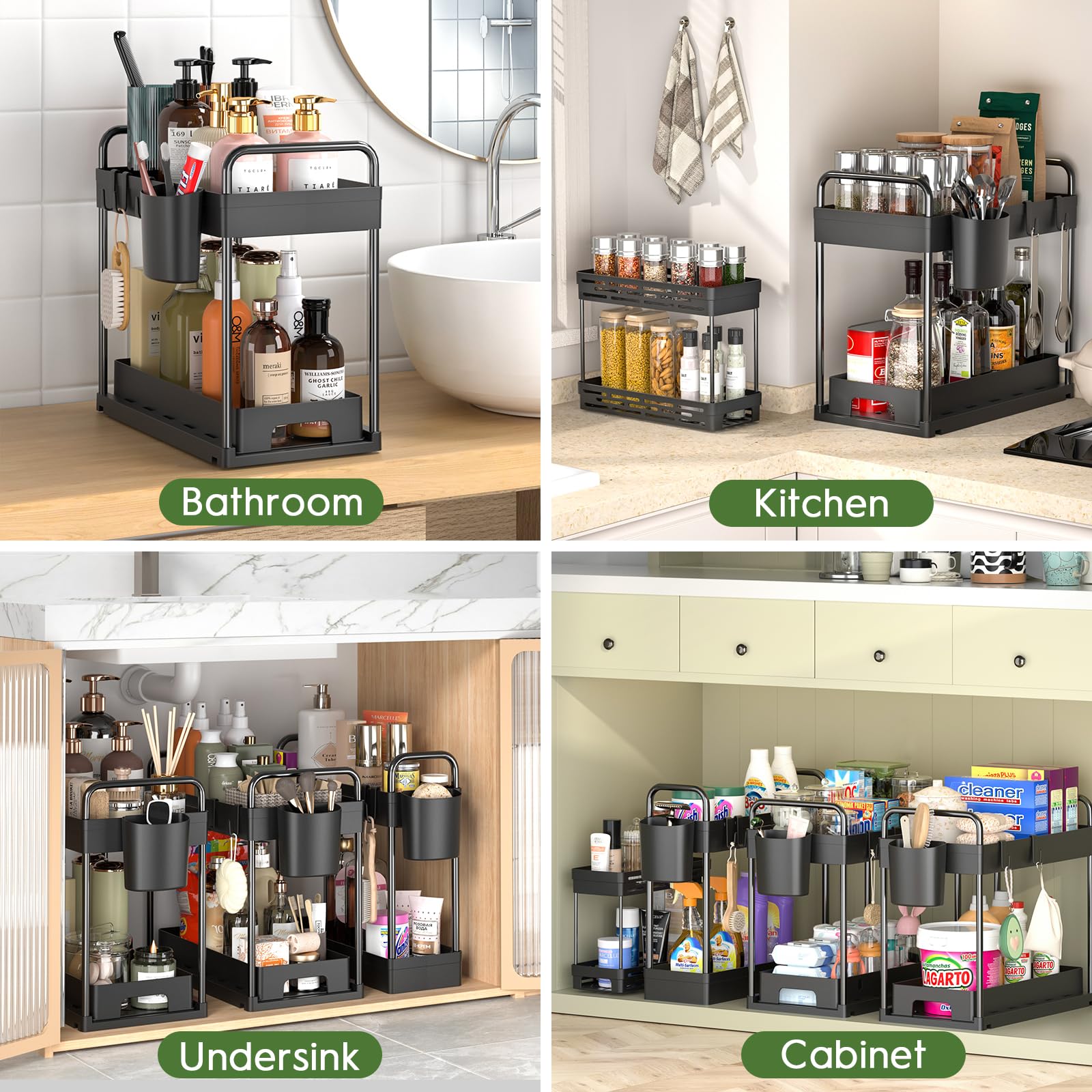 Zizoti 4 Pack Under Sink Organizer And Storage - Stackable 3 Size 2 Tier Bathroom Under The Sink Organizers Multi-Usage Kitchen