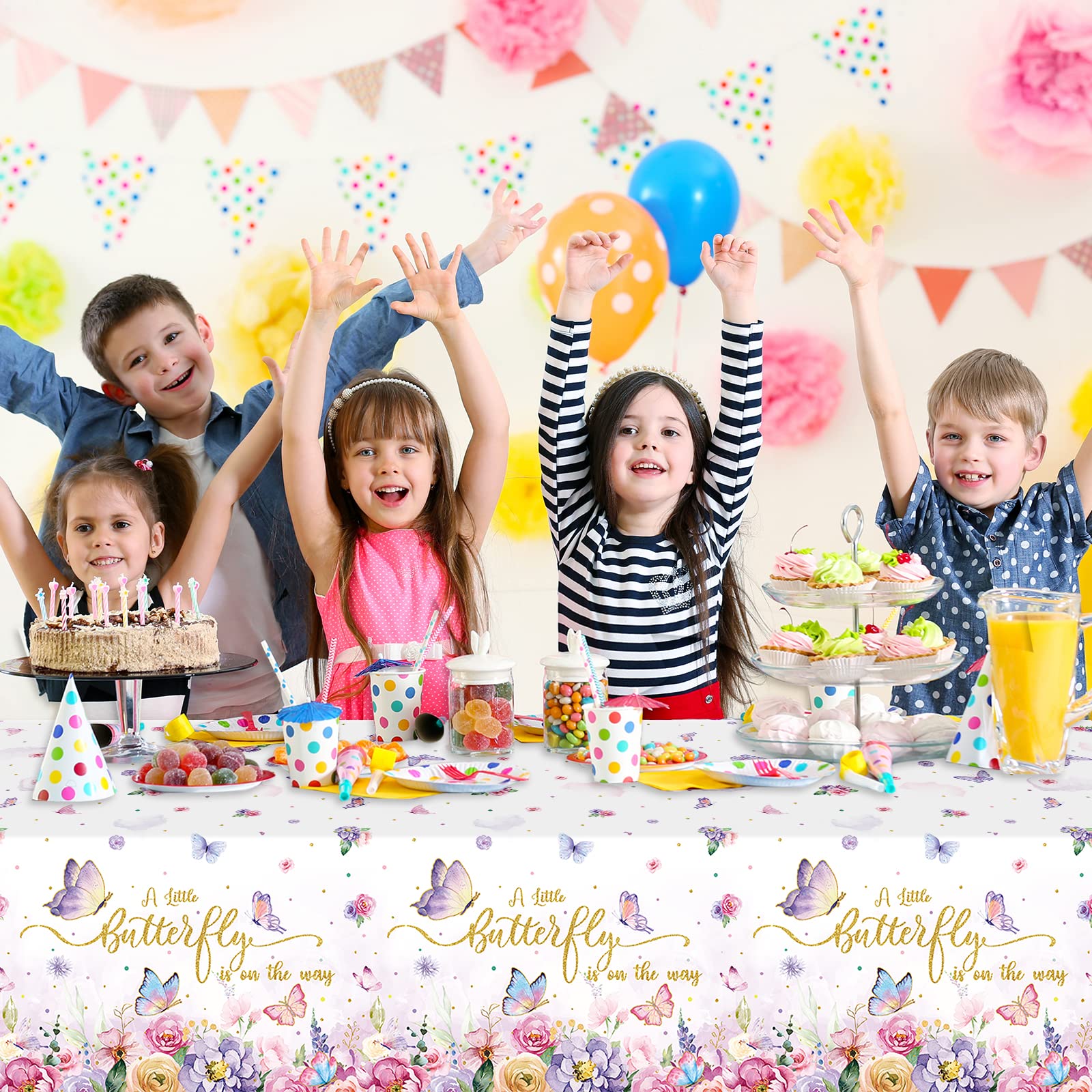 4 Pack Butterfly Baby Shower Tablecloth, Little Butterfly Is On The Way Baby Shower Decorations, Plastic Disposable Rectangle Wa