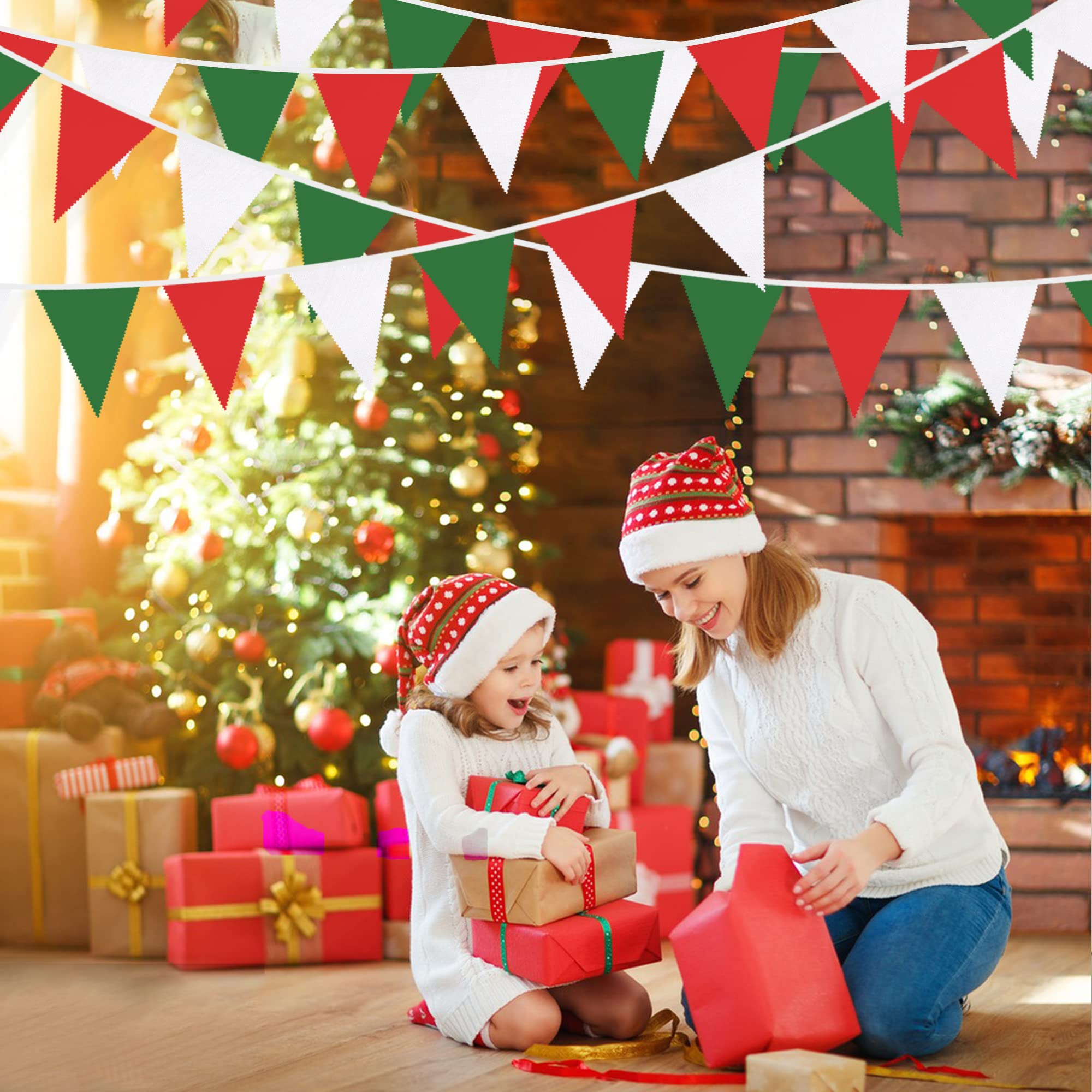 32Ft Red Green White Banner Party Decorations Christmas Triangle Flag Fabric Pennant Bunting Garland Streamers For Christmas Day