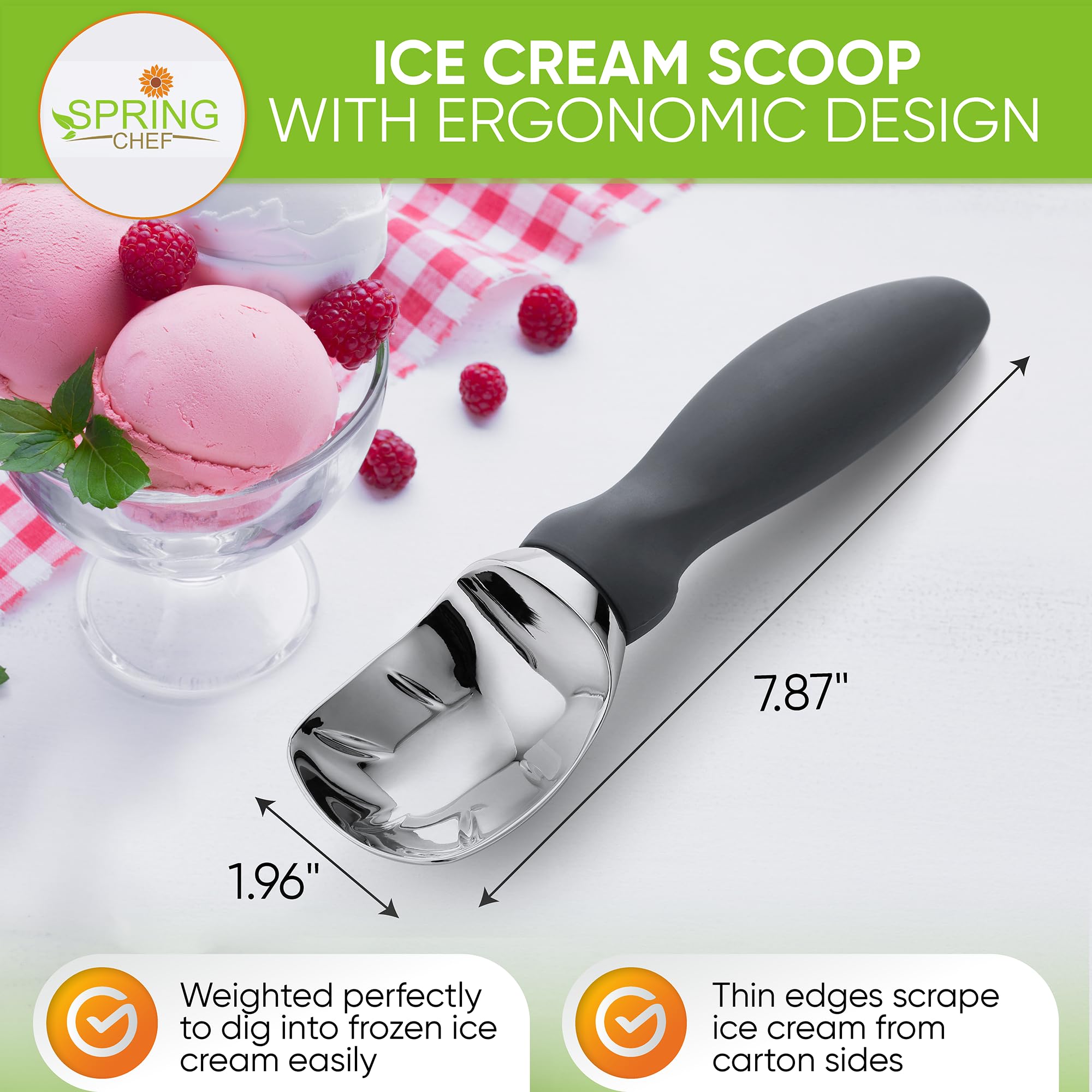 Spring Chef Gray Heavy Duty Ice Cream Scoop With Comfortable Soft Grip Handle, Dishwasher Safe Ice Cream Scooper, Professional M