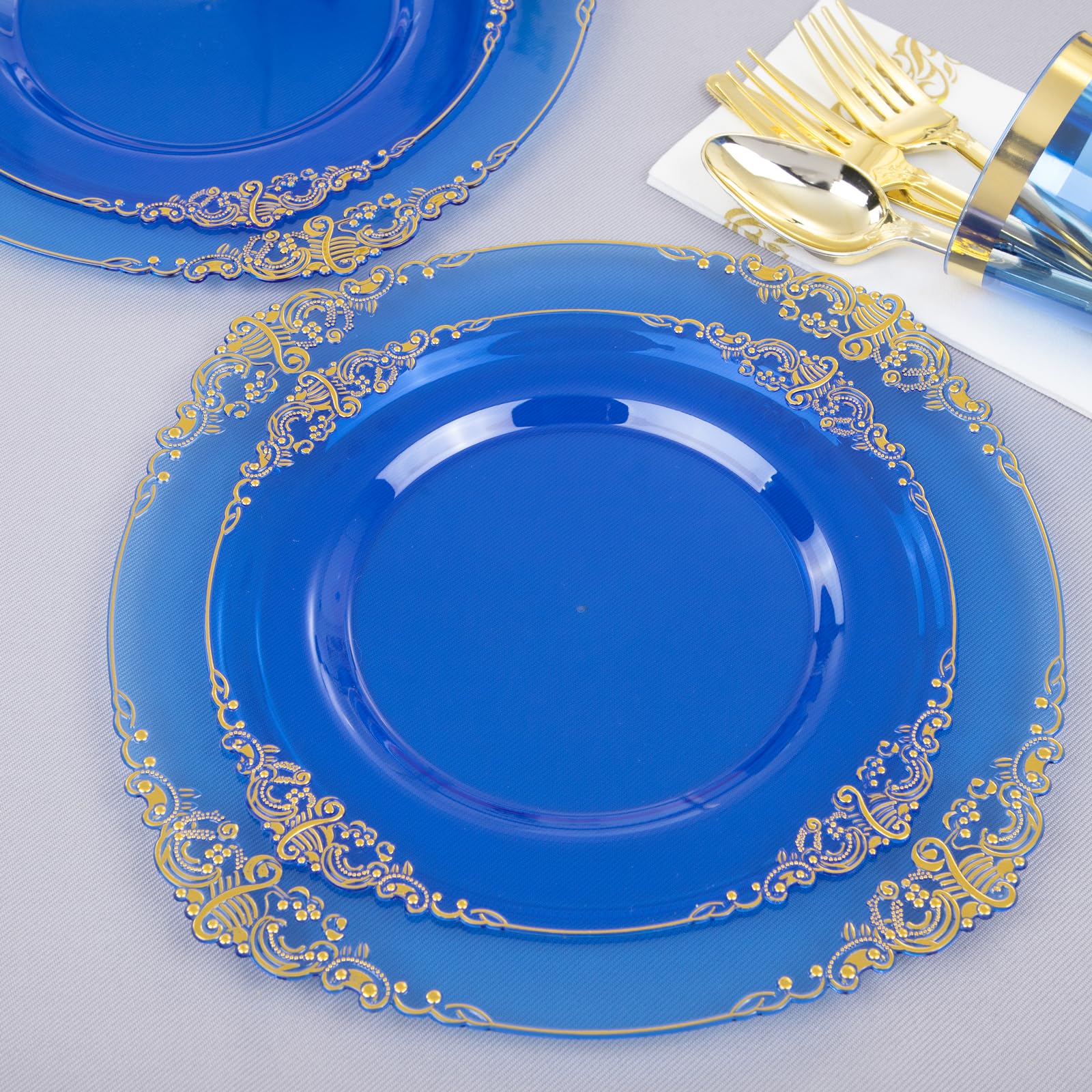 Nervure 350Pcs Blue Plastic Plates - Blue Plastic Dinnerware Sets For 50 Guests - 100 Blue Disposable Plates, 150 Gold Plastic S