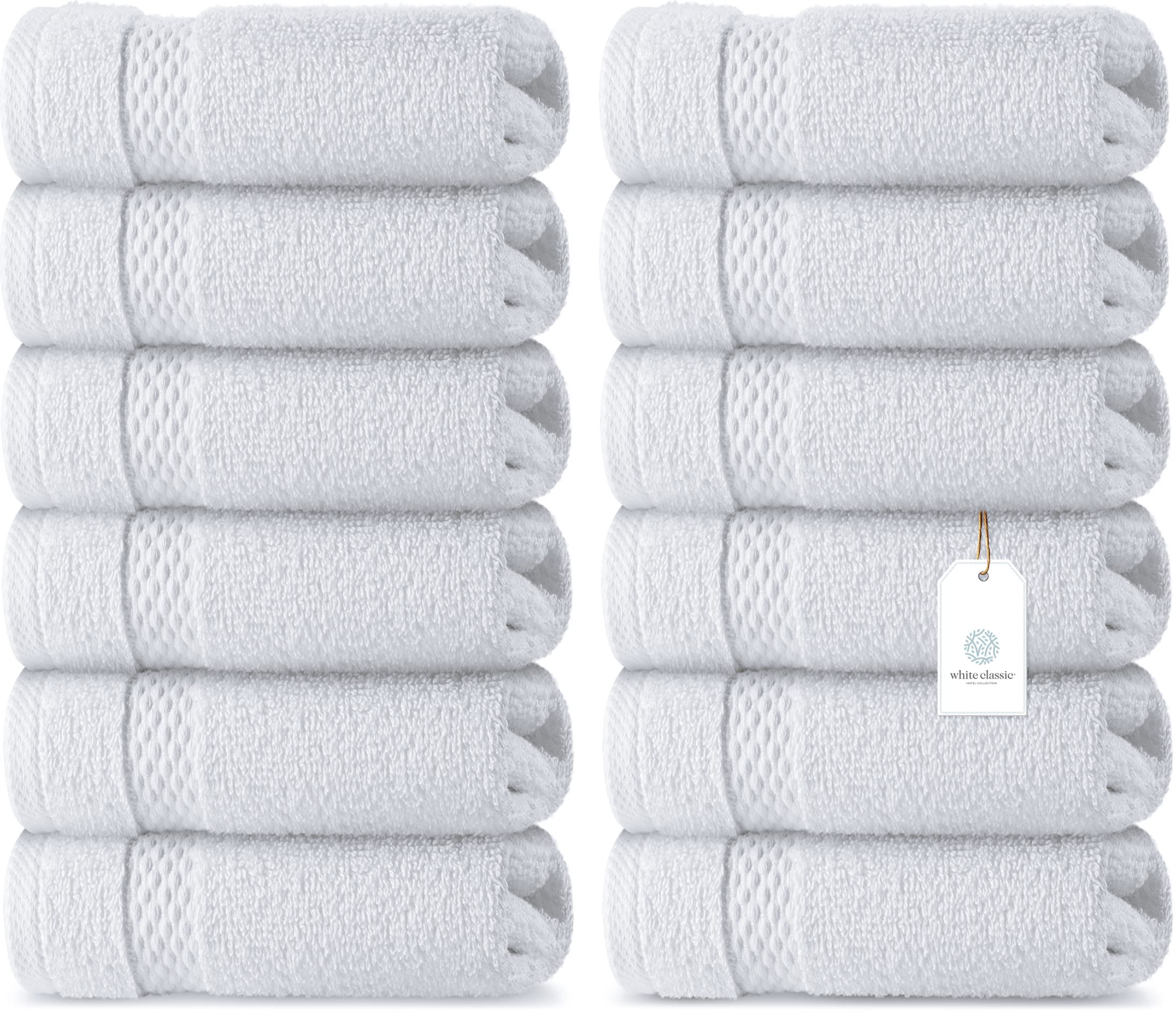 Whiteclassic Luxury Cotton Washcloths - Large Hotel Spa Bathroom Face Towel | 12 Pack | White