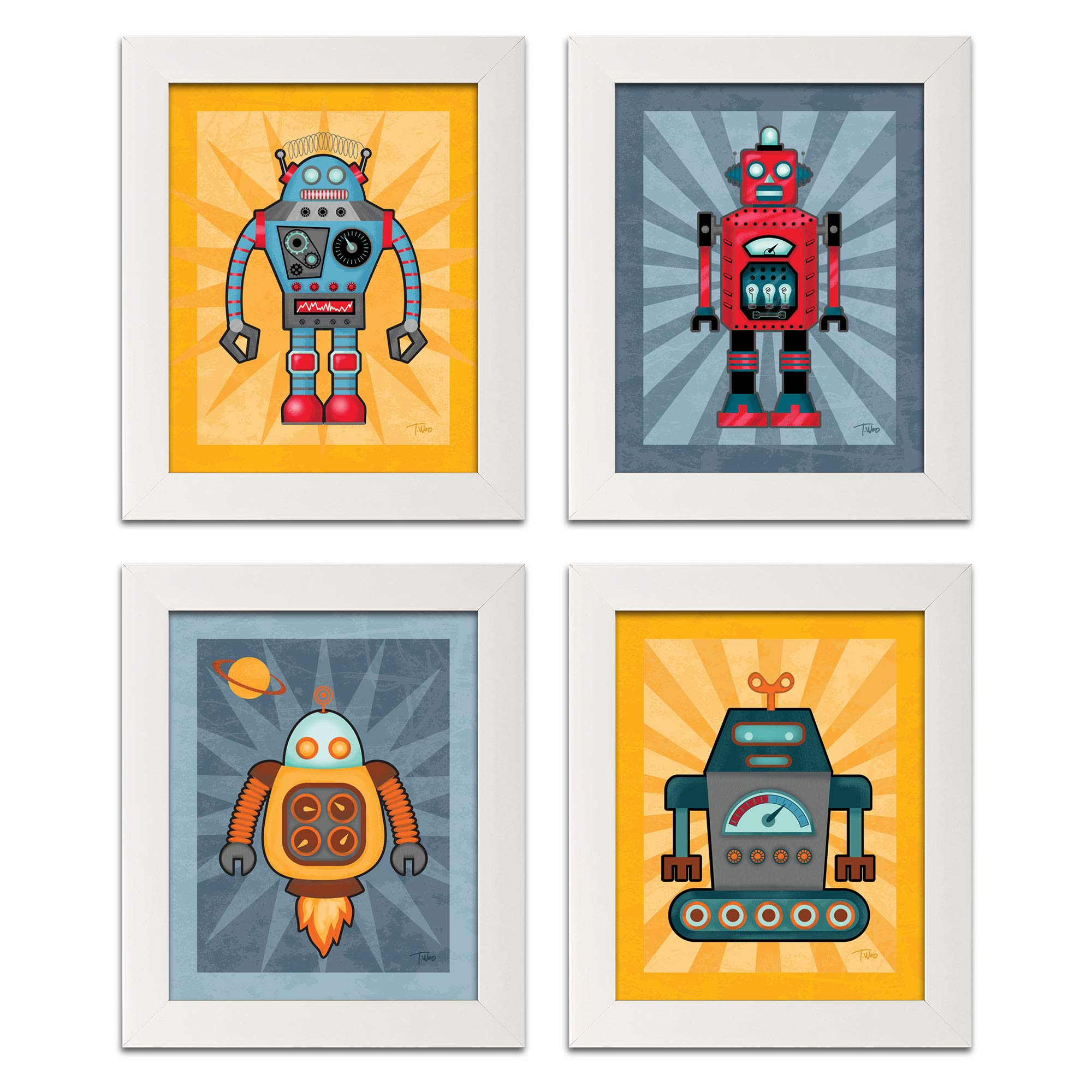 Adorable Robot Poster Set; Kids Room Decor; Four 11 X 14 White Framed Prints