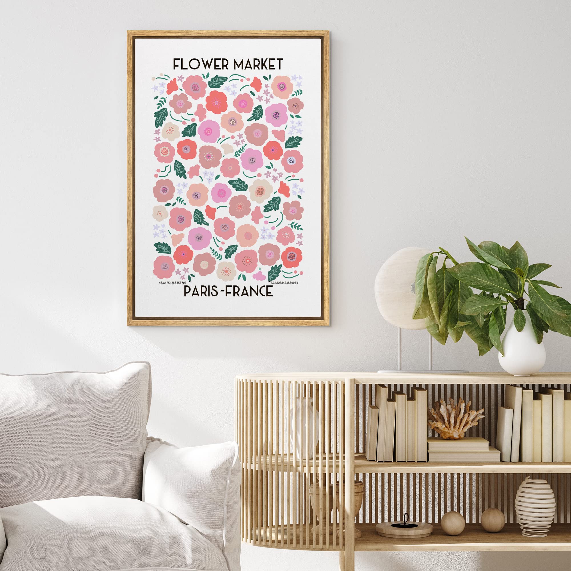 Mudecor Framed Canvas Print Wall Art Paris France Pink, Red & Green Flower Market Floral Nature Illustrations Modern Art Chic Co