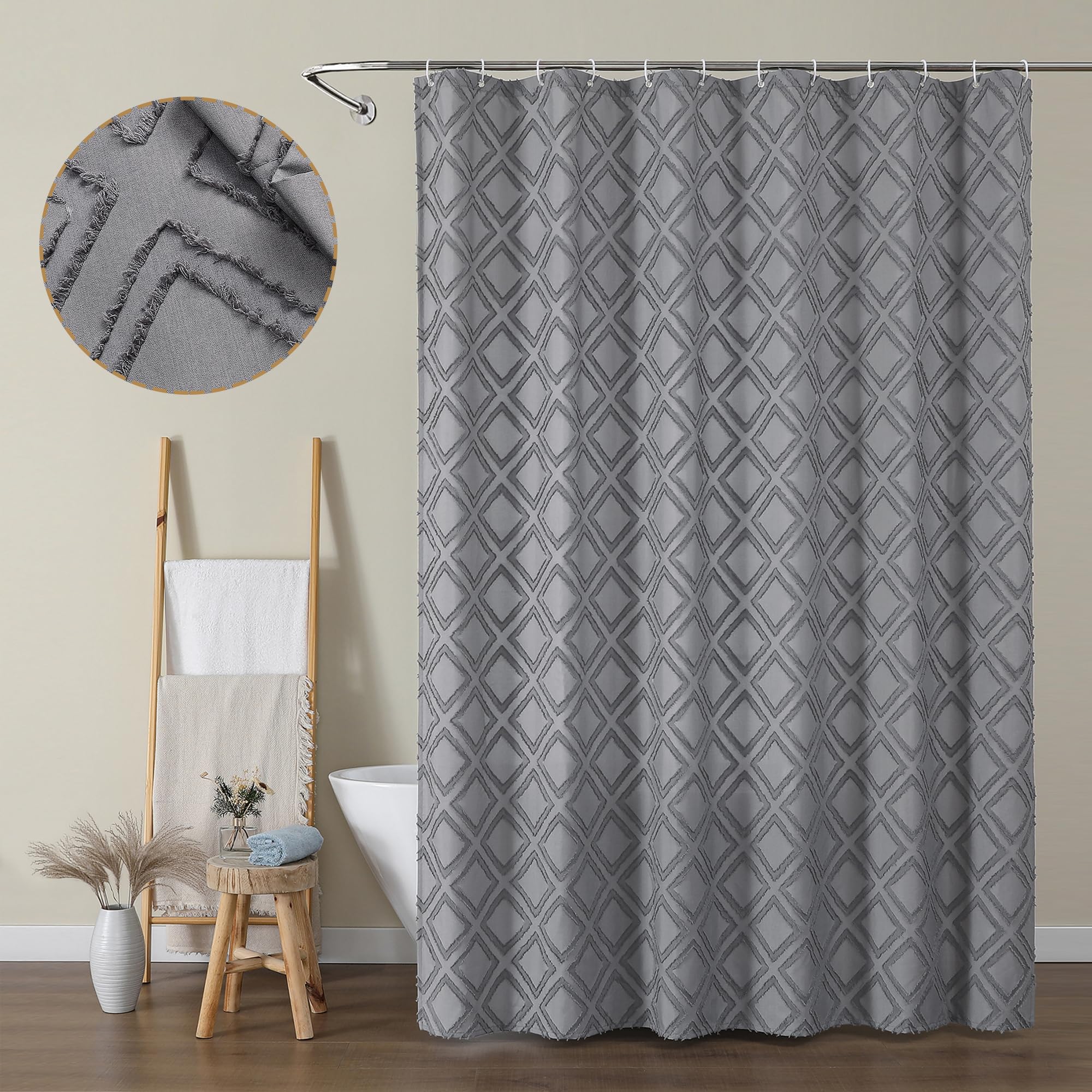 Owenie Solid Grey Fabric Shower Curtain For Bathroom, Farmhouse Boho Shower Curtain- Soft Cloth & Hotel Spa Quality, Machine Was