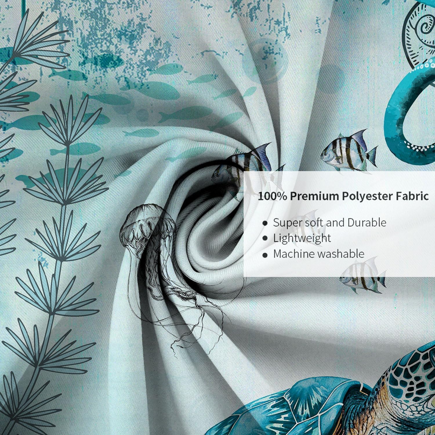 Wathon Sea Turtle Octopus Shower Curtain Blue Teal Ocean Bath Curtain Fish Underwater Animal Seashell Jellyfish Coastal Theme Ba