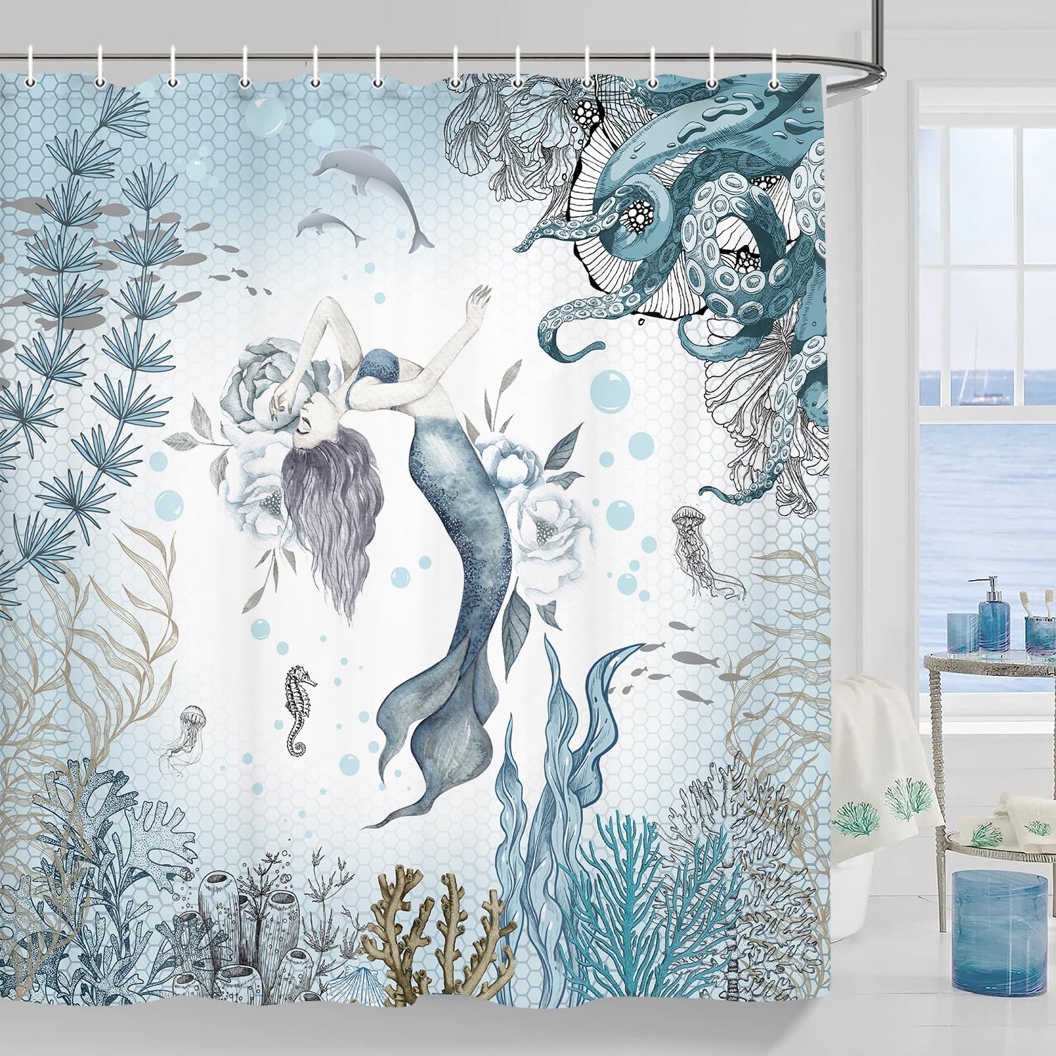 Mermaid Shower Curtain, Sea Ocean Octopus Coral Reef Fish Seashell Jellyfish Theme Waterproof Fabric Bathroom Curtains, Teal And