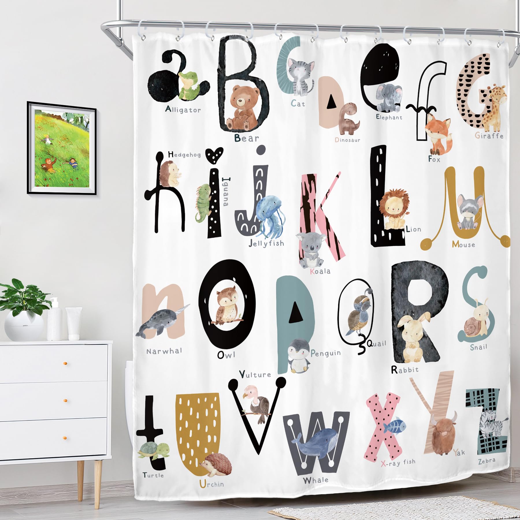Riyidecor Kids Abc Learning Alphabet Shower Curtain For Bathroom Decor 60Wx72H Educational Study Boys Baby Children Funny Large
