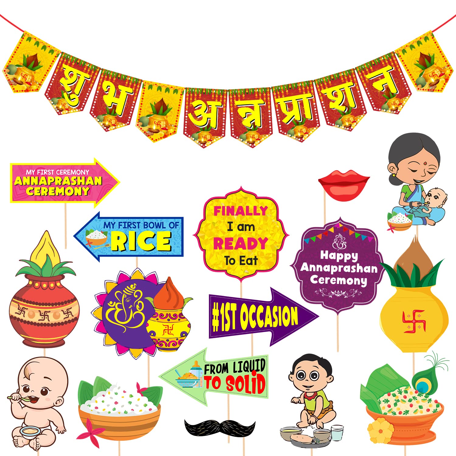 Zyozique Annaprasanam Photo Booth Props With Annaprasanam Paper Banner Hindi Font Shubh Annaprashan Yellow & Red Color Font/Rice