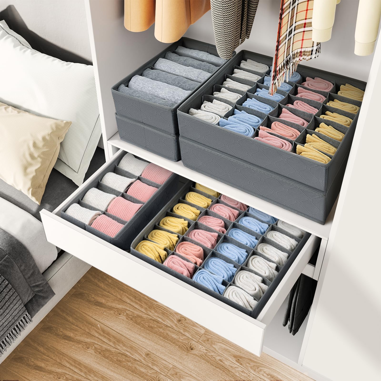 DIMJ 12 Pack Drawer Organizer for Clothes - Sock Bra Underwear Drawer Organizer, Foldable Fabric Drawer Organizer Bins, 114 Cell