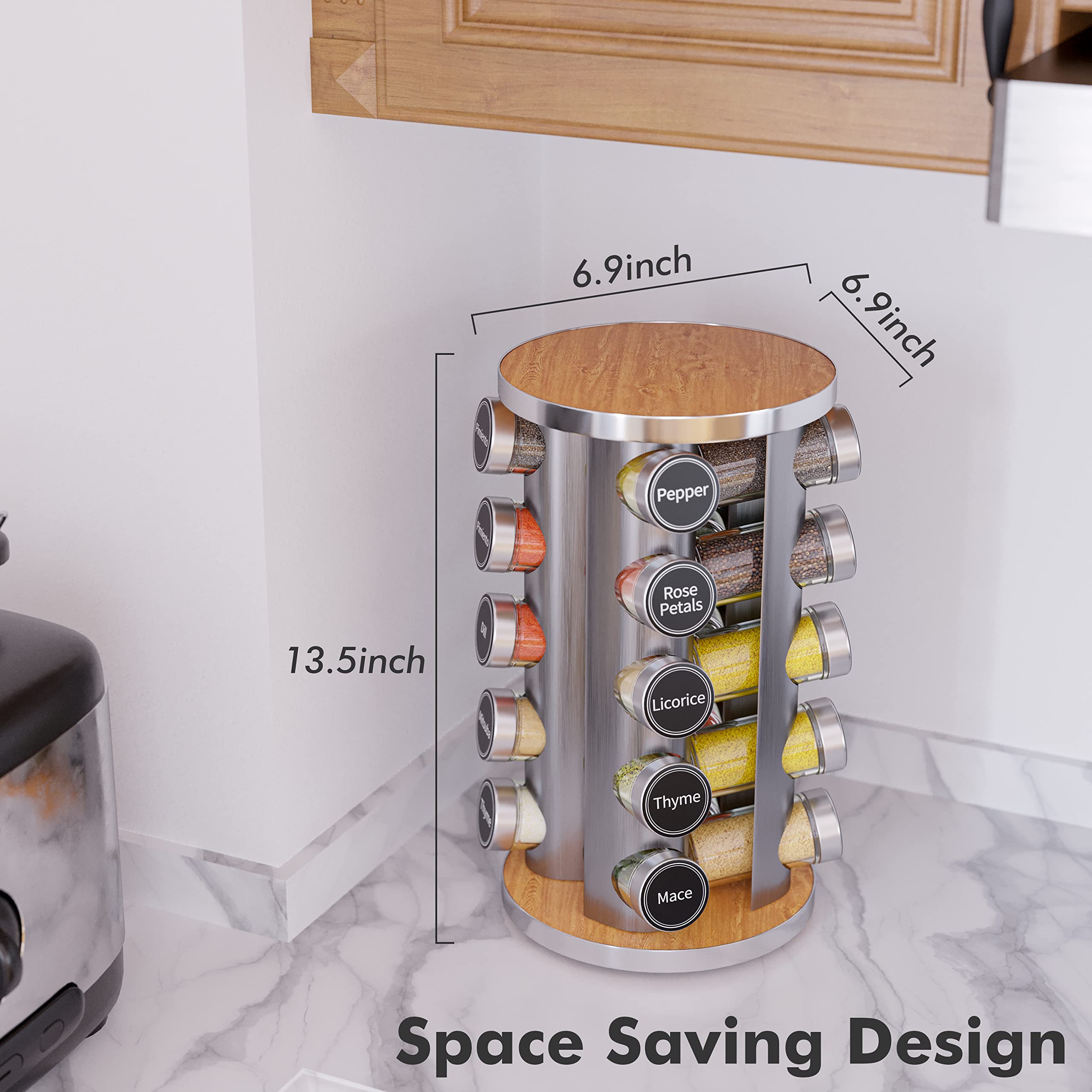 Revolving Spice Rack Set with 20 Spice Jars, Kitchen Spice Tower Organizer for Countertop or Cabinet -- Carousel Storage Include
