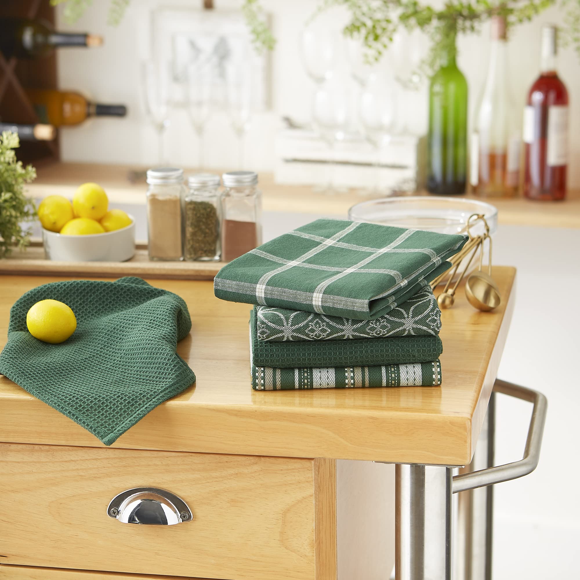 Dii Assorted Woven Kitchen Set, Dishtowel, 18X28, Dishcloth, 13X13, Dark Green, 5 Piece
