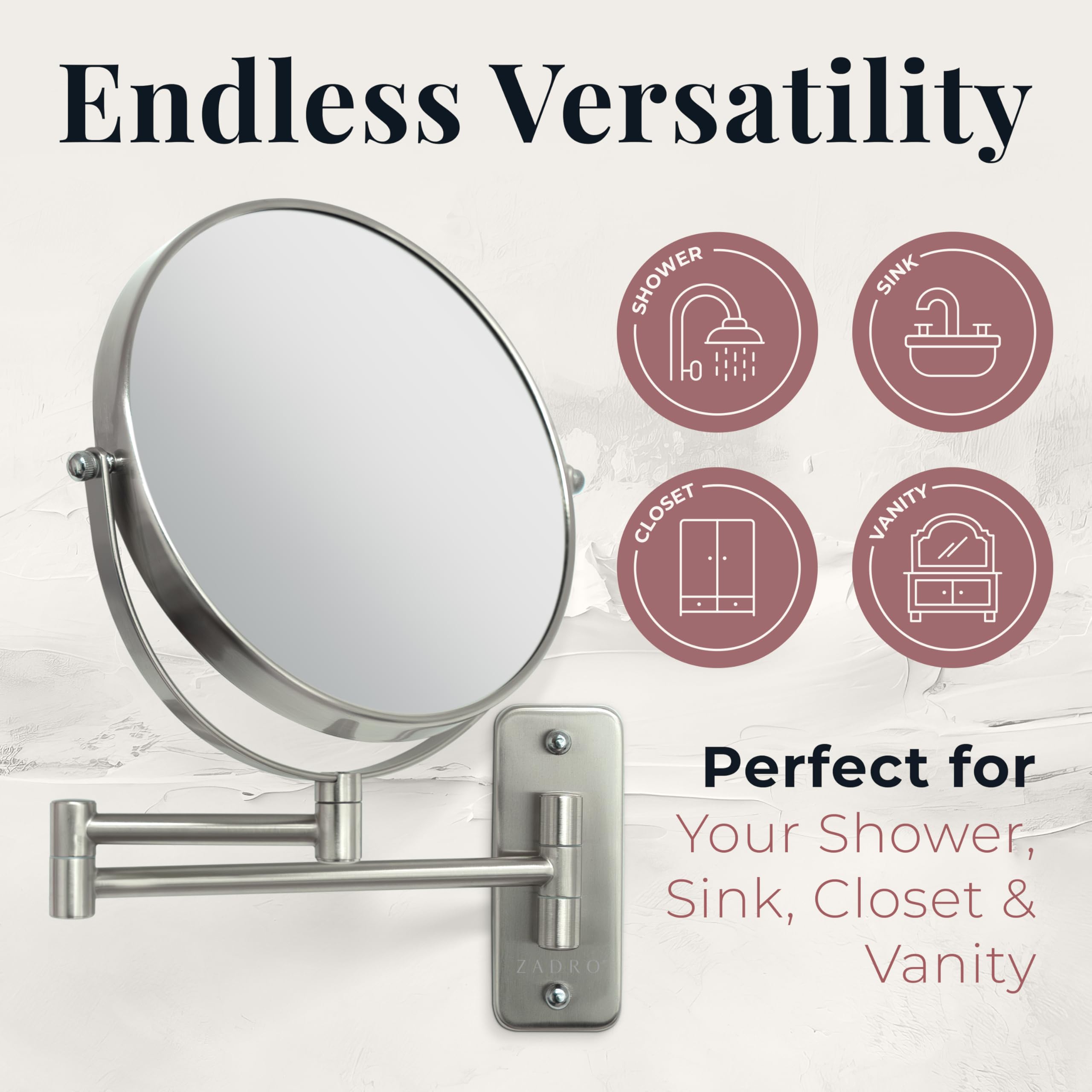 Zadro Two Sided Dual Arm Wall Mount Mirror, Satin Nickel, 5X-1X