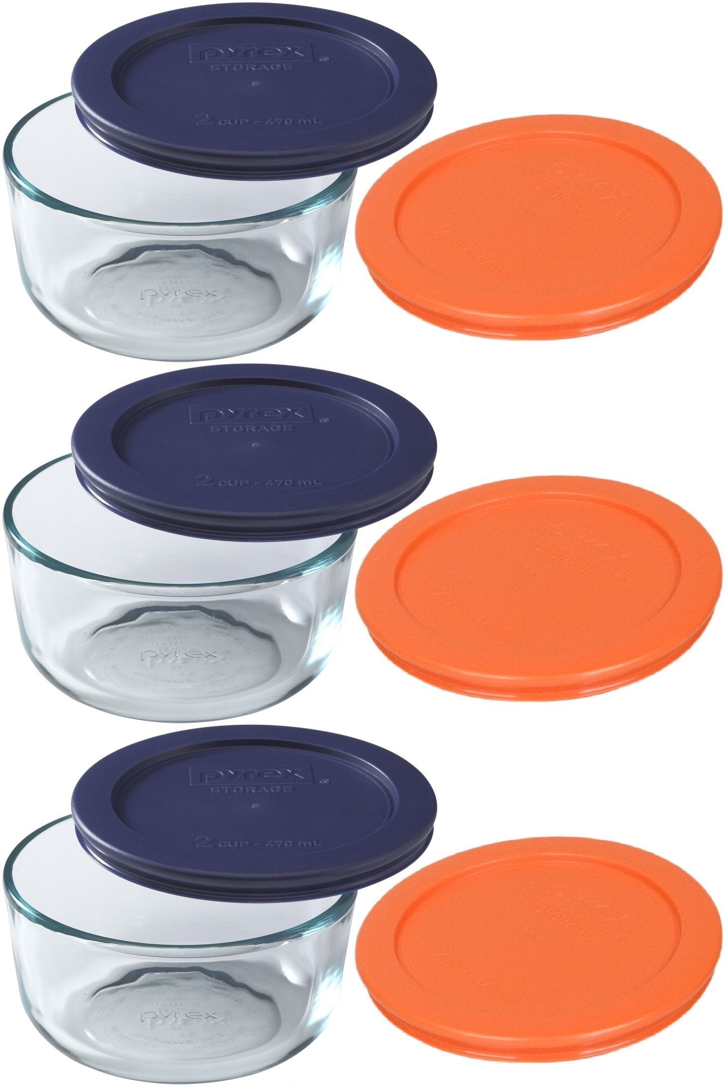 Pyrex Storage 2 Cup Clear Round Dish, Pack Of 3 Containers With 2 Color Lids