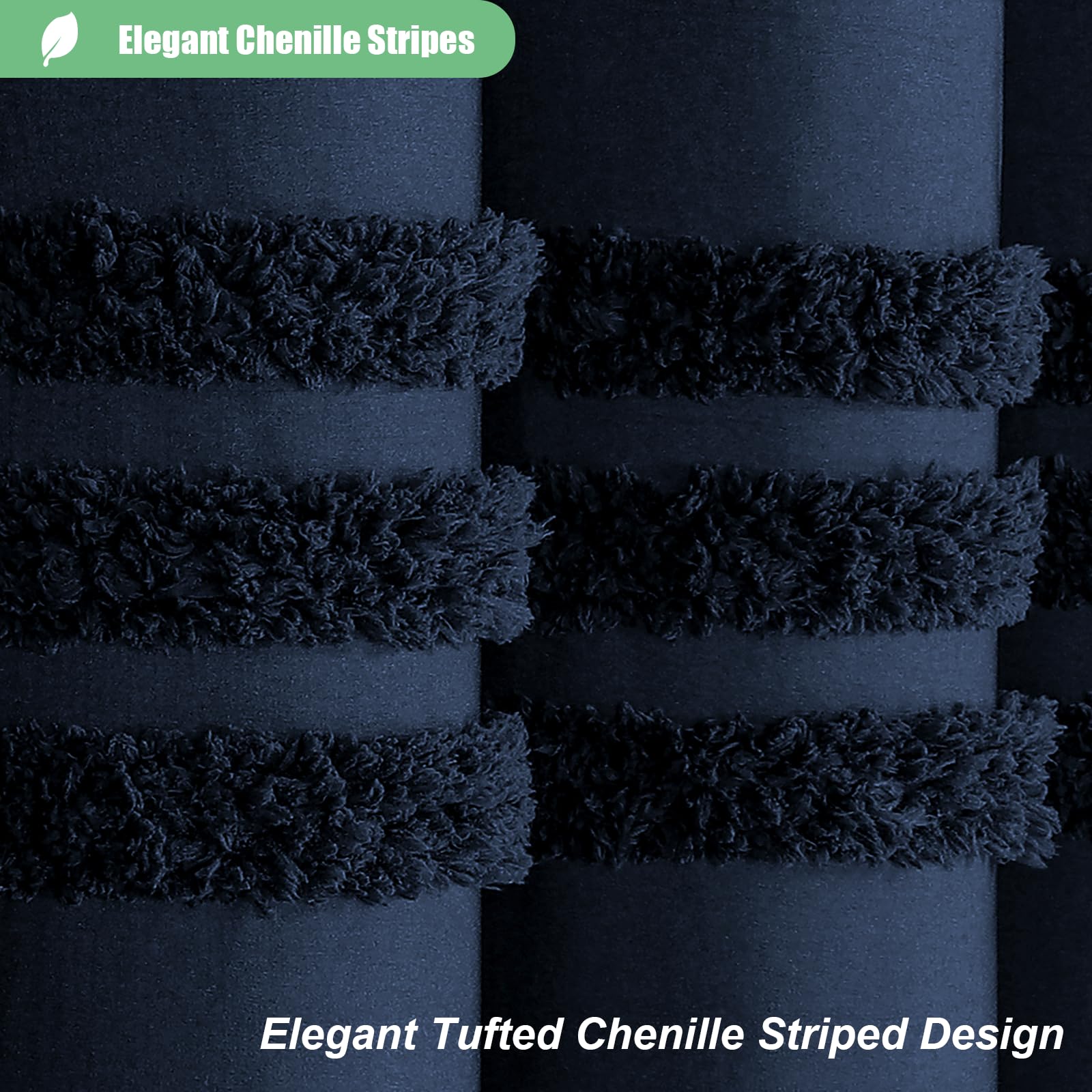 Dynamene Navy Blue Fabric Shower Curtain, Tufted Chenille Striped Textured Cloth Shower Curtains For Bathroom, Boho Farmhouse Sh
