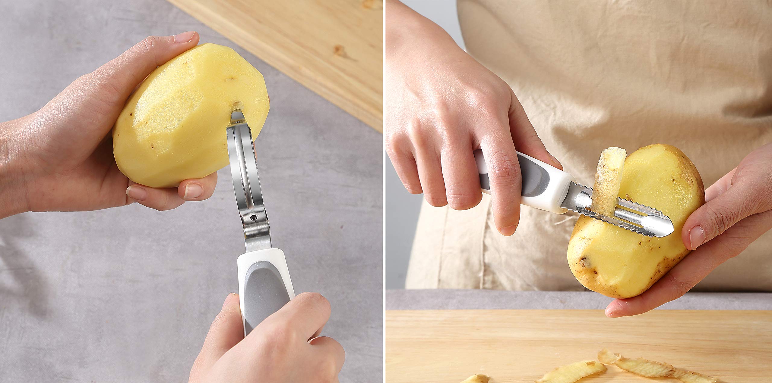 Stainless Steel Potato Masher & Peeler Set (6Pcs Set - Gray) - Includes Potato Masher, Wire Masher, Multi-Purpose Peelers, Comfo