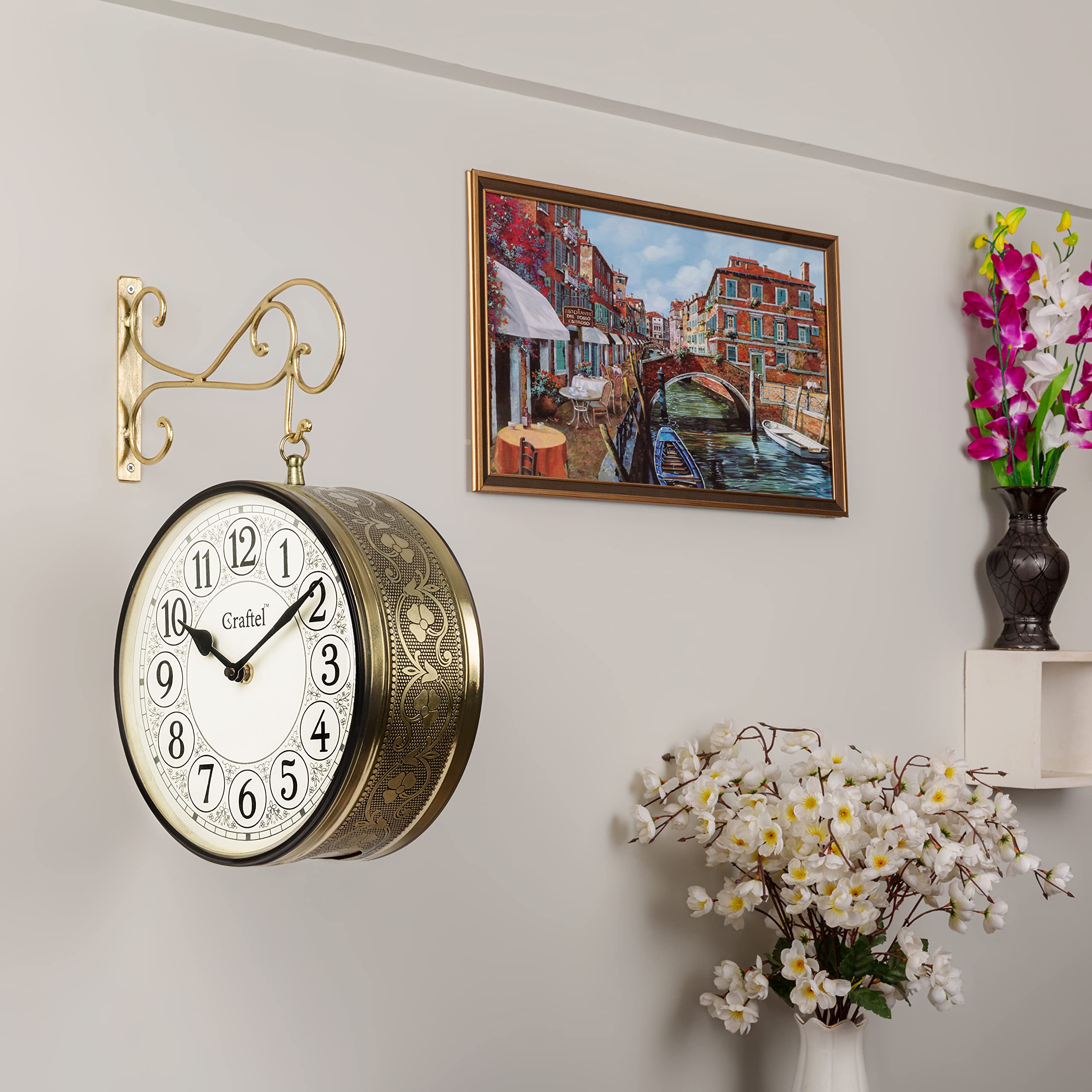 CRAFTEL Metal Analog Double Sided English Number Vintage Station Wall Clock for Living Room Home (Shiny Gold :12 Inches)