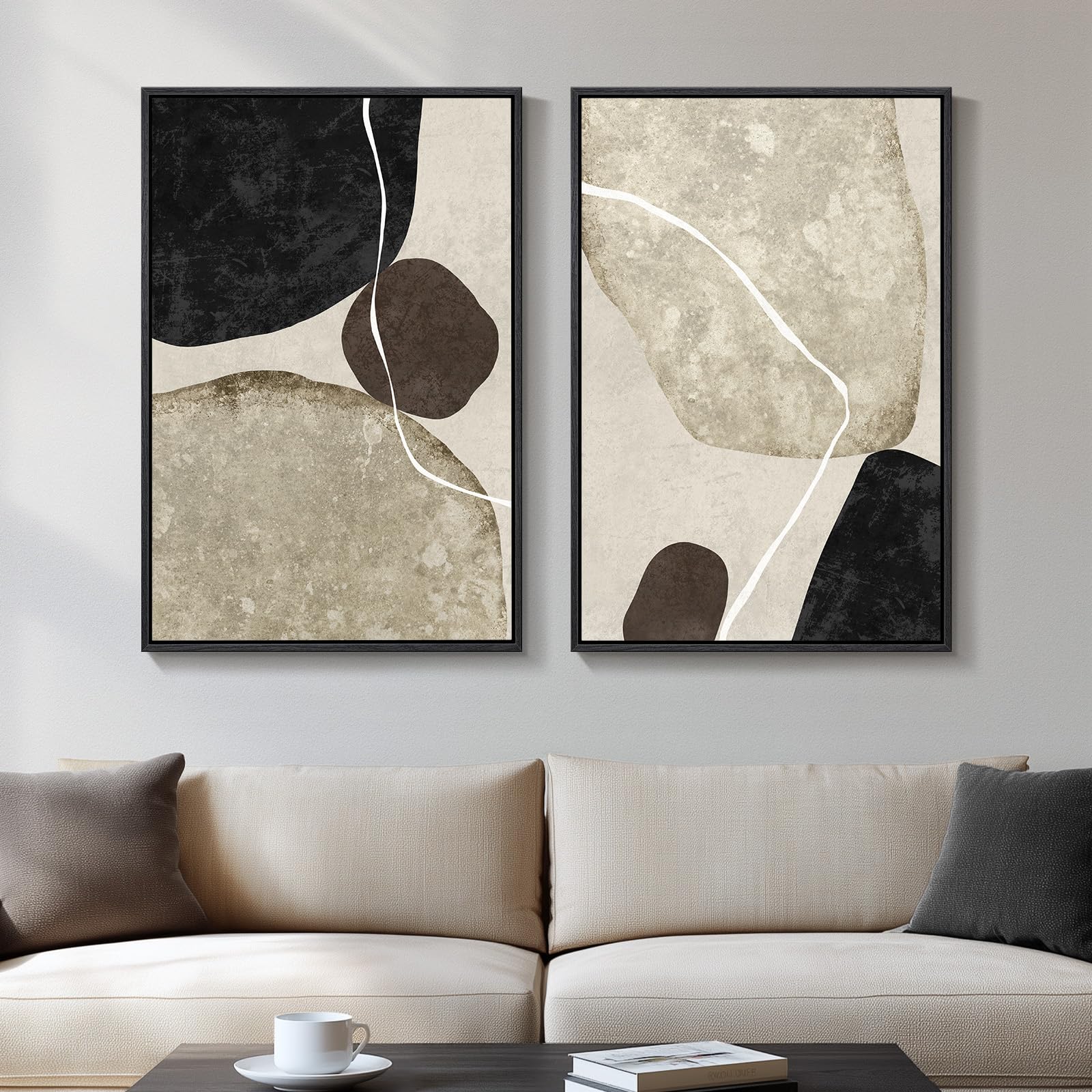 Framed Neutral Abstract Wall Art Set Of 2, Modern Black Beige Brown Canvas Prints Paintings Artwork For Walls, Minimalist Stone 