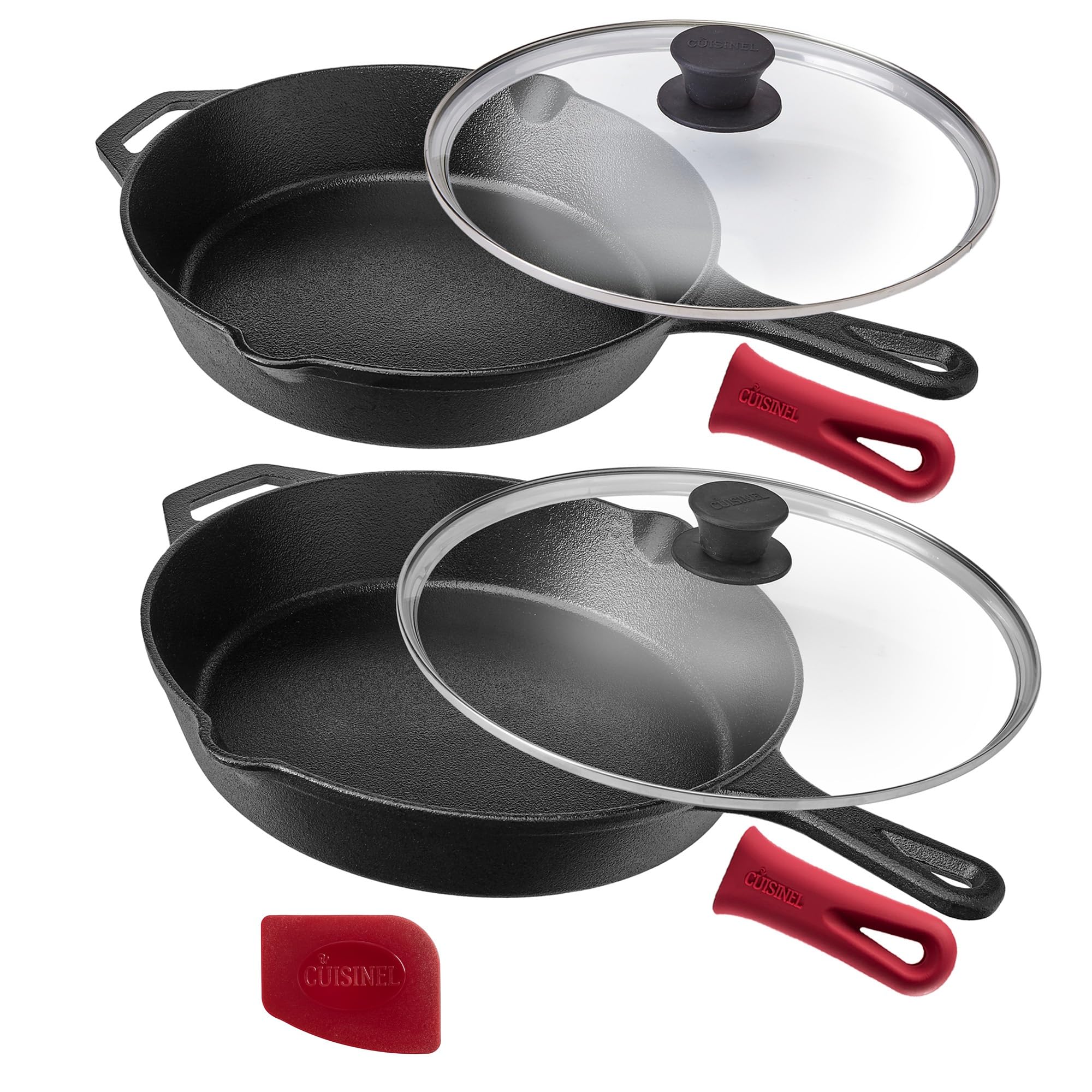 Cuisinel Cast Iron Skillet Set - 10'' + 12'' Frying Pan + Glass Lids + 2 Handle Cover Grips - Pre-Seasoned Oven Cookware - Indoo