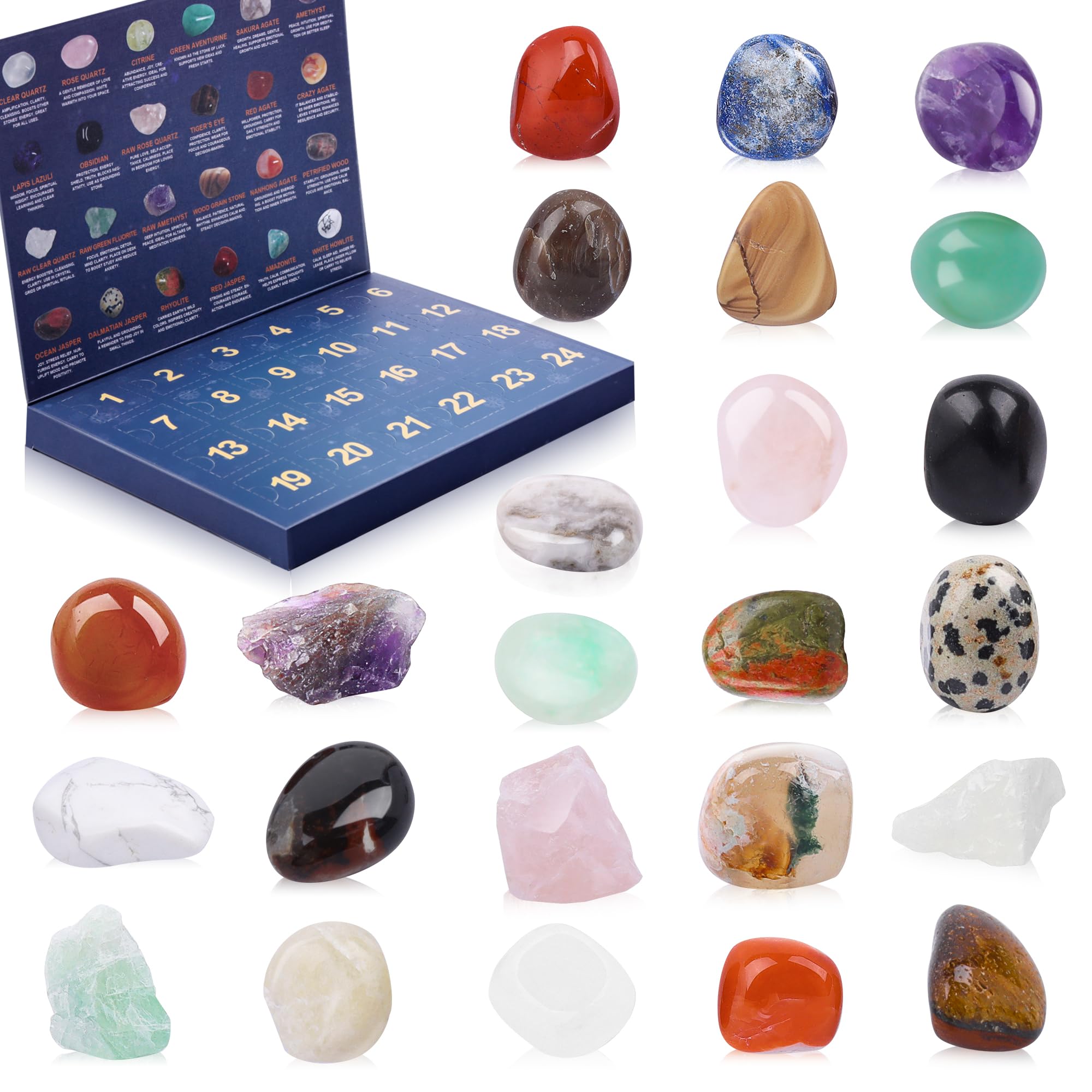 Crystal Advent Calendar 2025 for Kids, 24 Natural Gemstones & Healing Stones Advent Calendar with Geographic Gemstone Rocks and 