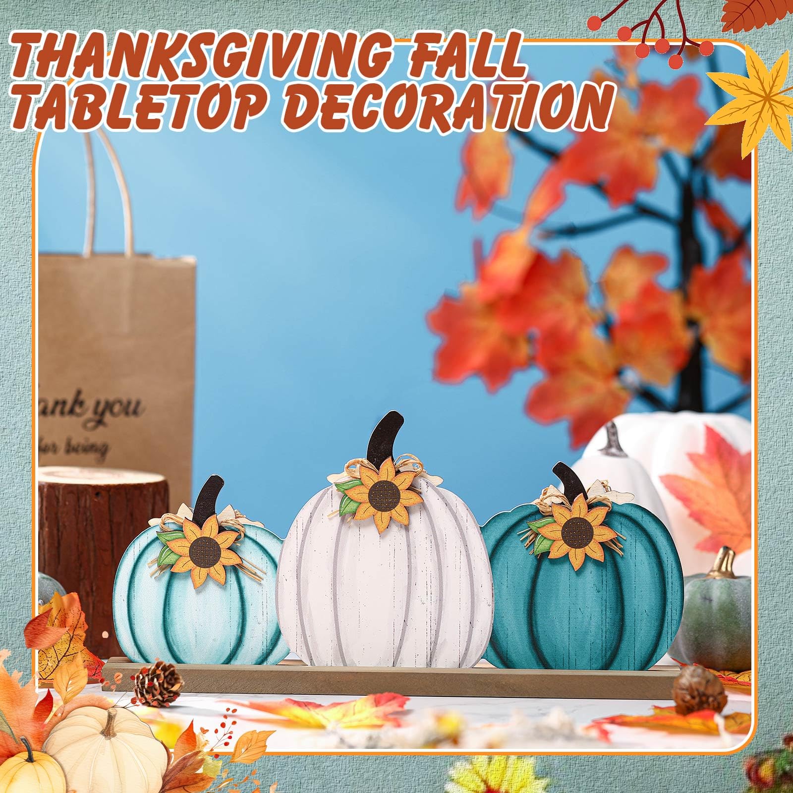 Purpeak Reversible Fall Thanksgiving Pumpkin Wooden Table Sign Double Sided Blessed Grateful Thankful Tabletop Decor Farmhouse V