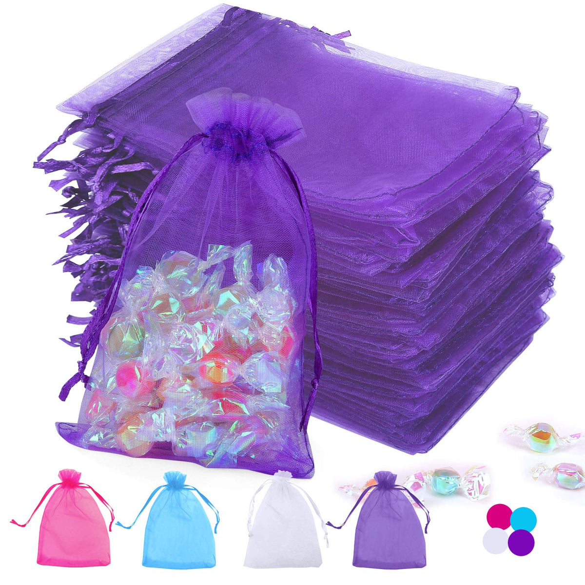 Angooni 4X6 Inches Purple Organza Bags For Jewelry Party Wedding Favor Party Festival Candy, 100 Pcs Premium Drawstring Organza