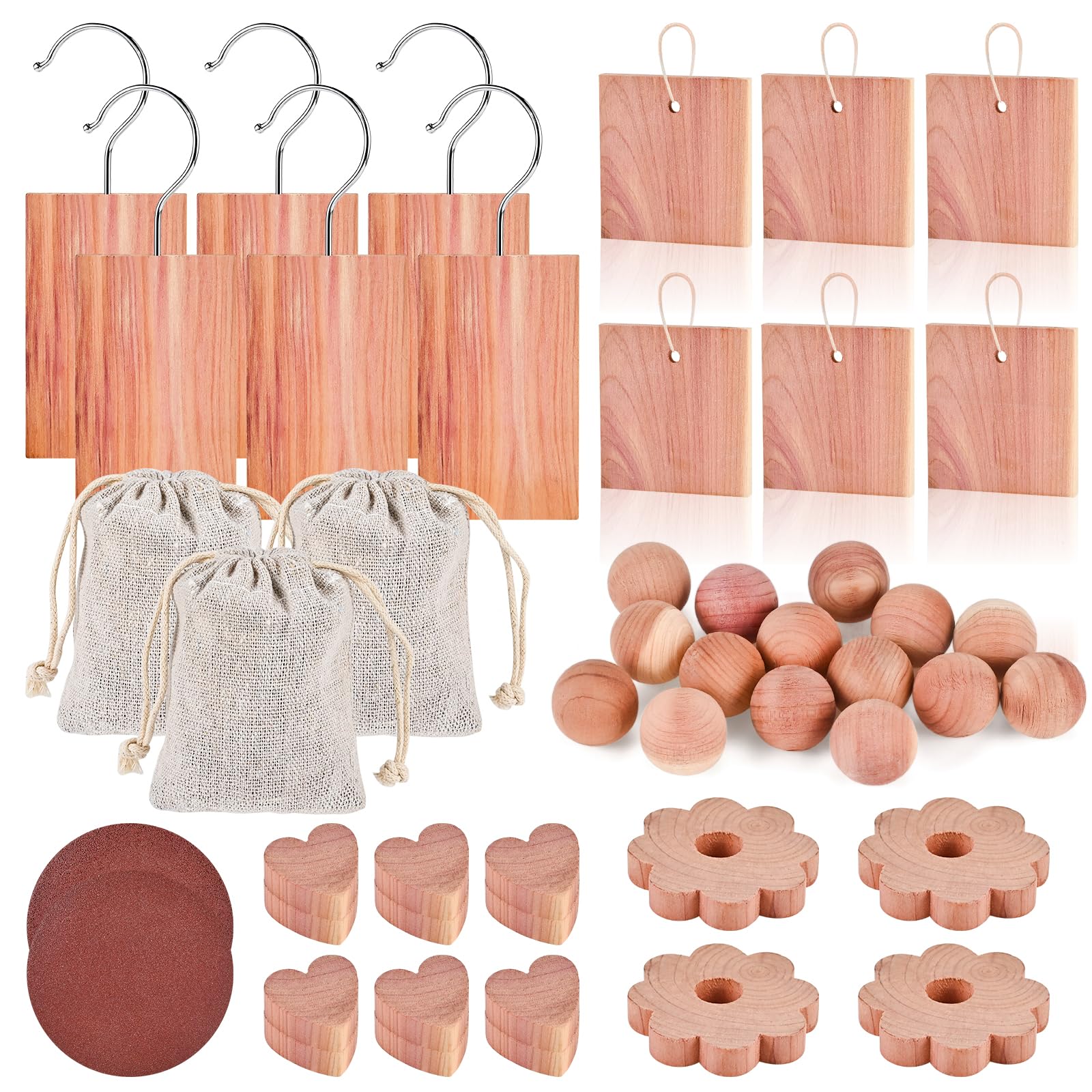 Tigvio 48-Pc Cedar Blocks for Clothes Storage: Blocks, Planks, Hooks, Rings, Balls, & Sachets for Closet, Drawer, Bookshelf & Sh