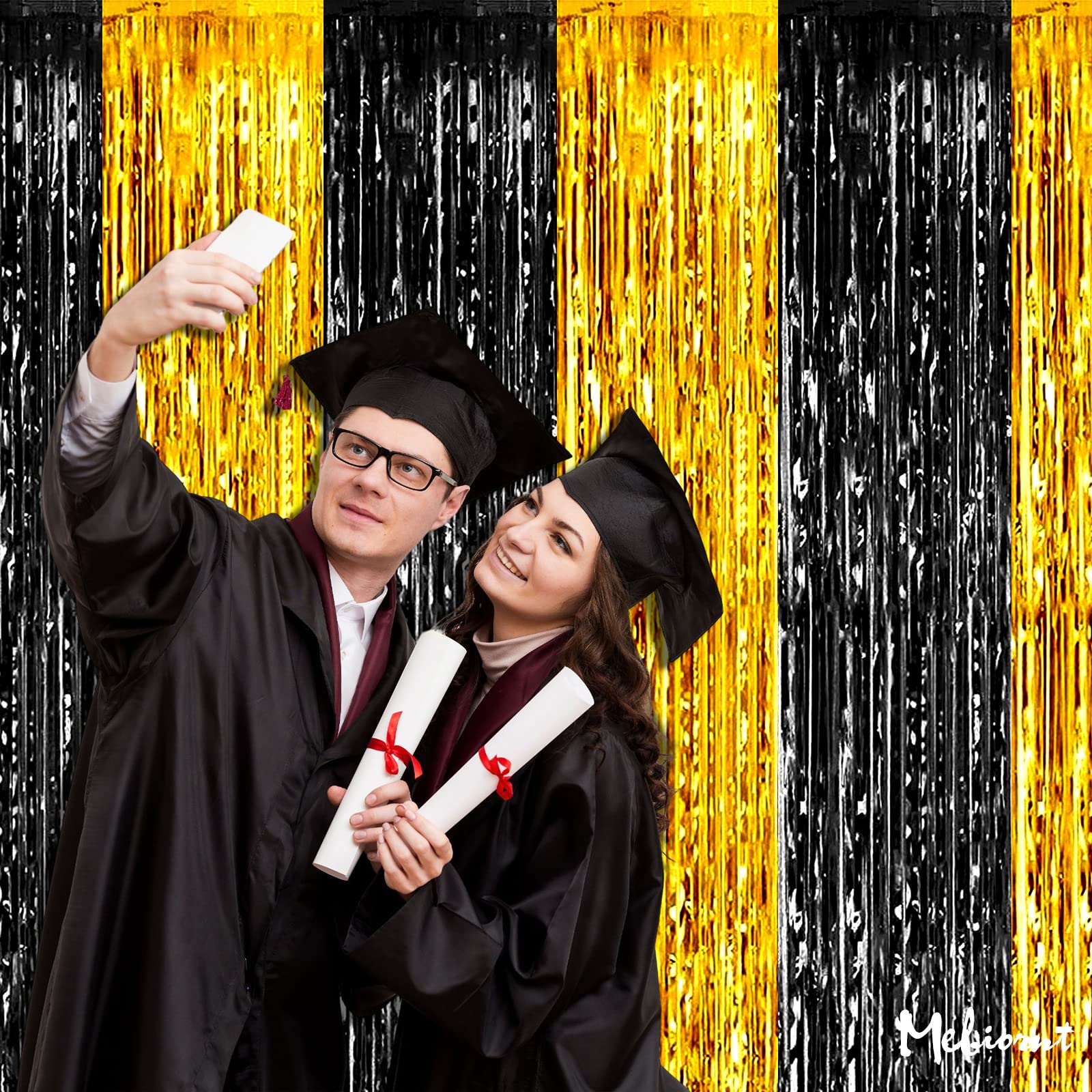 4 Pack 3.2Ft X 8.2Ft Black And Gold Fringe Curtain Backdrop, Metallic Tinsel Foil Fringe Streamers Curtains Background For Photo