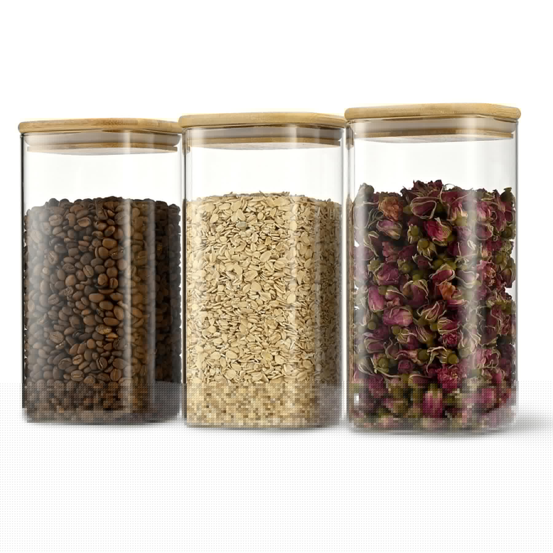 D2scrma 52oz Airtight Glass Square Storage Canister with Bamboo Lid Set of 3 (1550ml) Container Stackable Spice Jar, Kitchen Can
