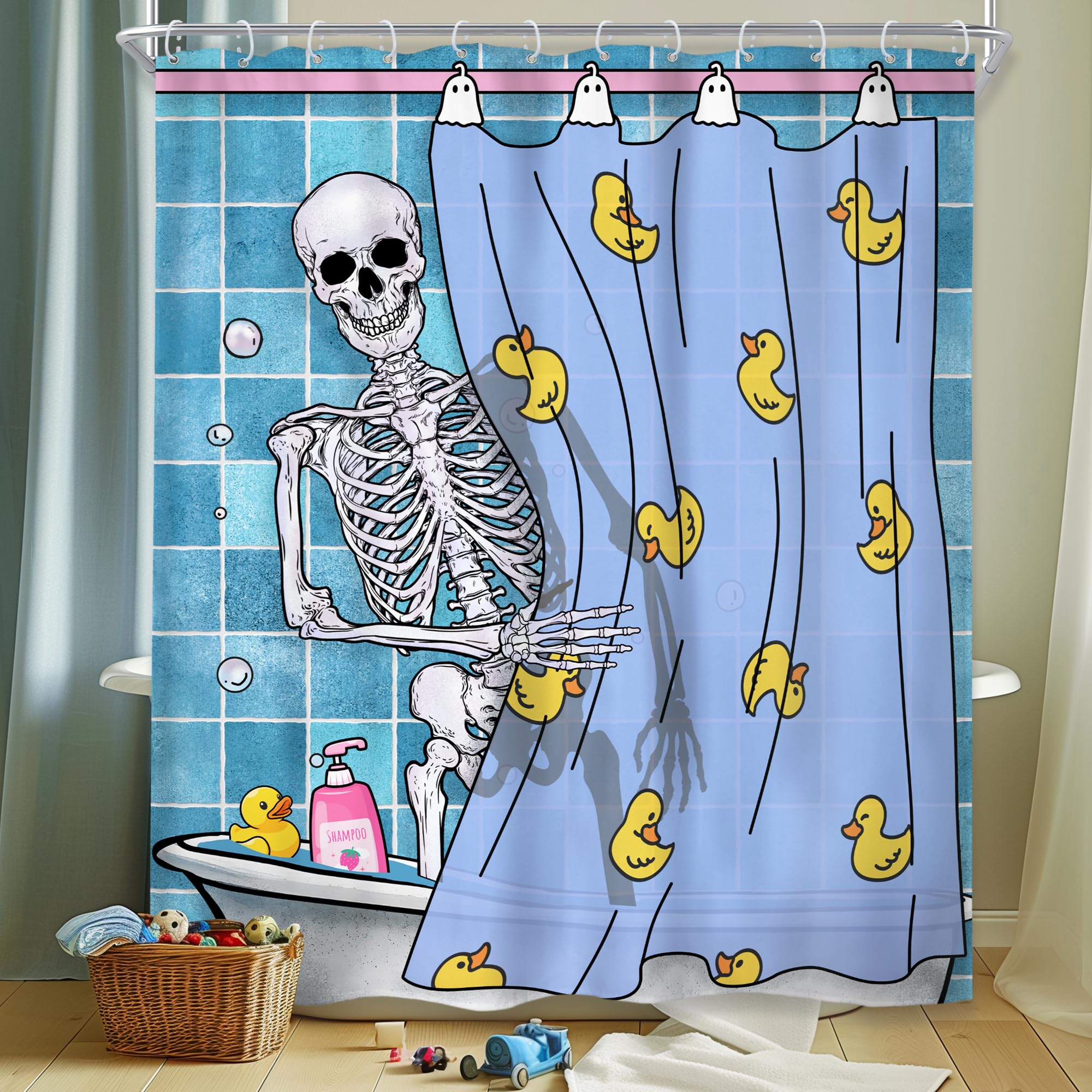Riyidecor Funny Shower Curtain 60Wx72H Inch Kids Gothic Skull Skeleton In Bathtub Bathing Spooky Yellow Rubber Duck Cool Hilario