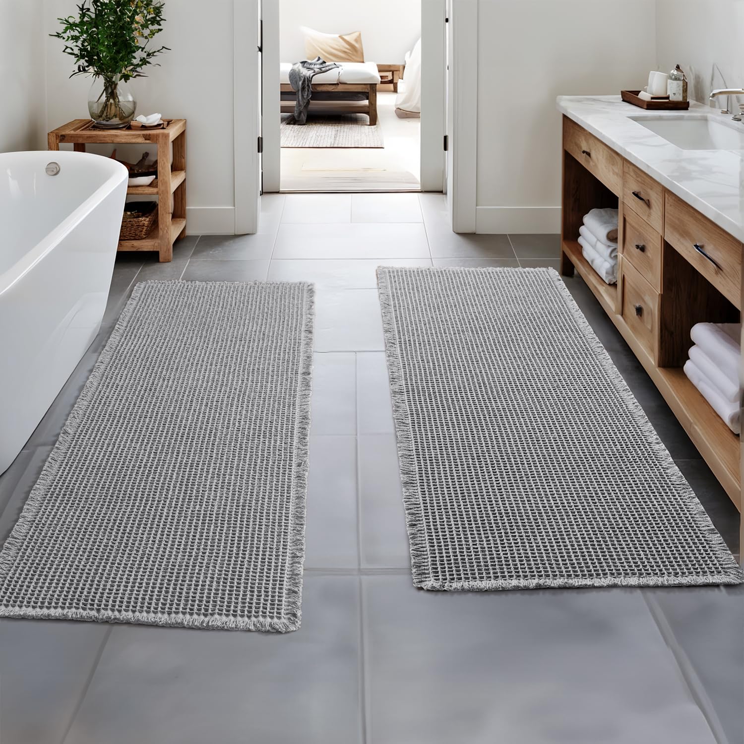 MIULEE Set of 2 Waffle Bathroom Runner Rugs, Boho Bath Rugs Non Slip Washable, Super Absorbent Runner Bath Mats, Rubber Backed, 