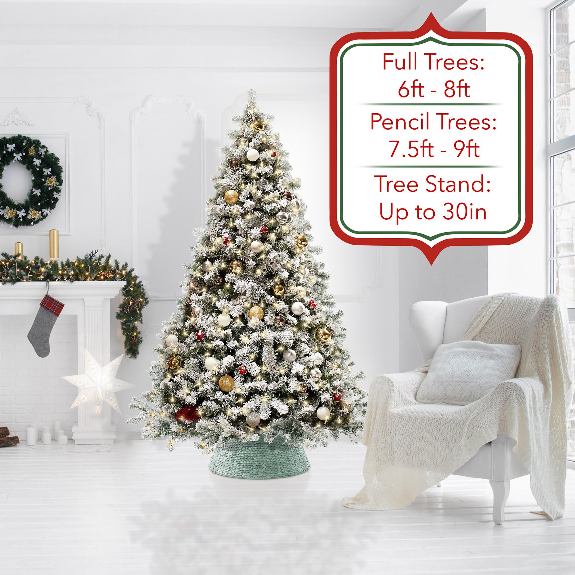 Casafield 32-Inch Christmas Tree Collar, Woven Water Hyacinth Tree Base Cover with Cord Cut Out, Seafoam