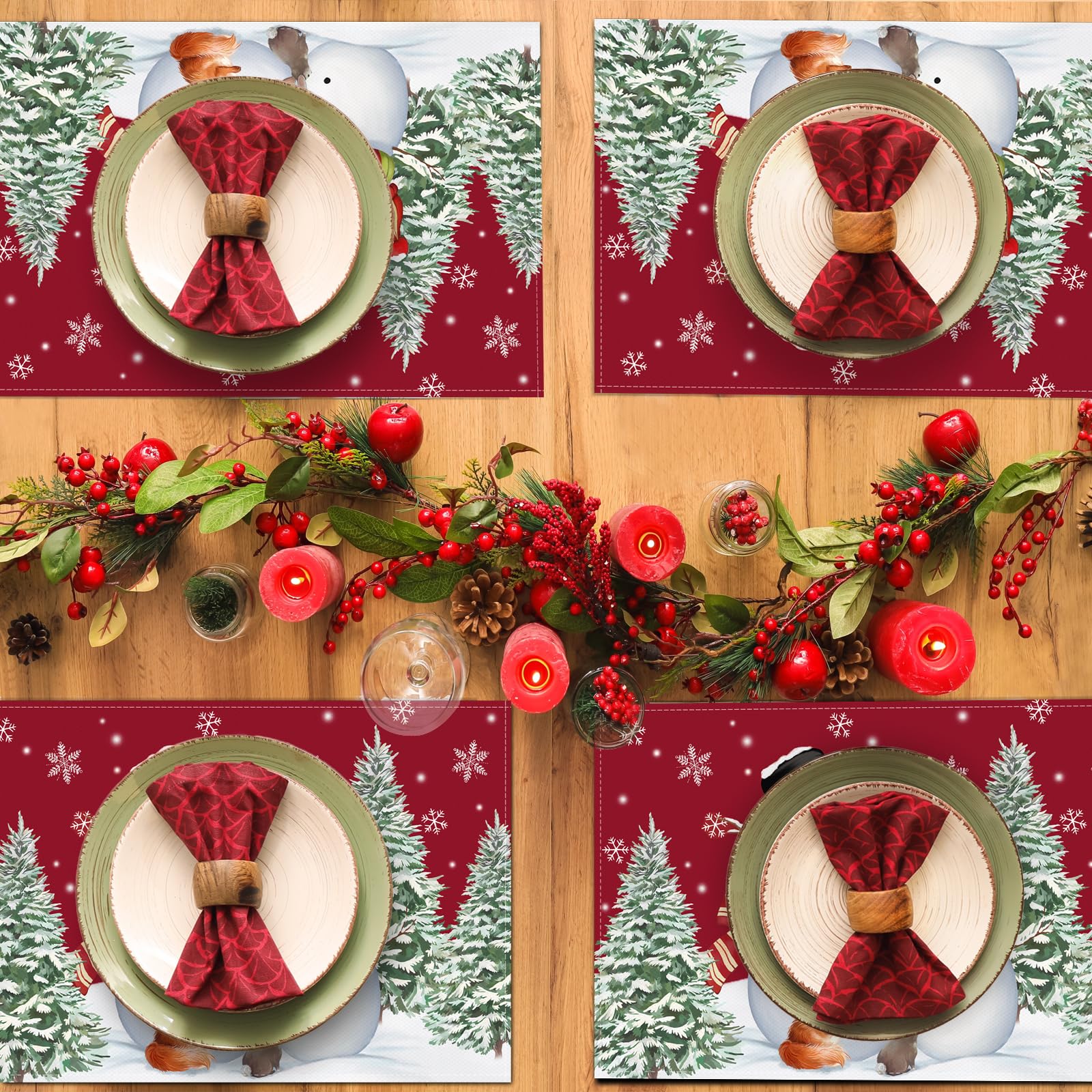 Bonhause Christmas Red Snowman Placemats Set Of 4, 12X18 Inch Winter Snow And Xmas Trees Kitchen Dinning Table Mats Washable Pla