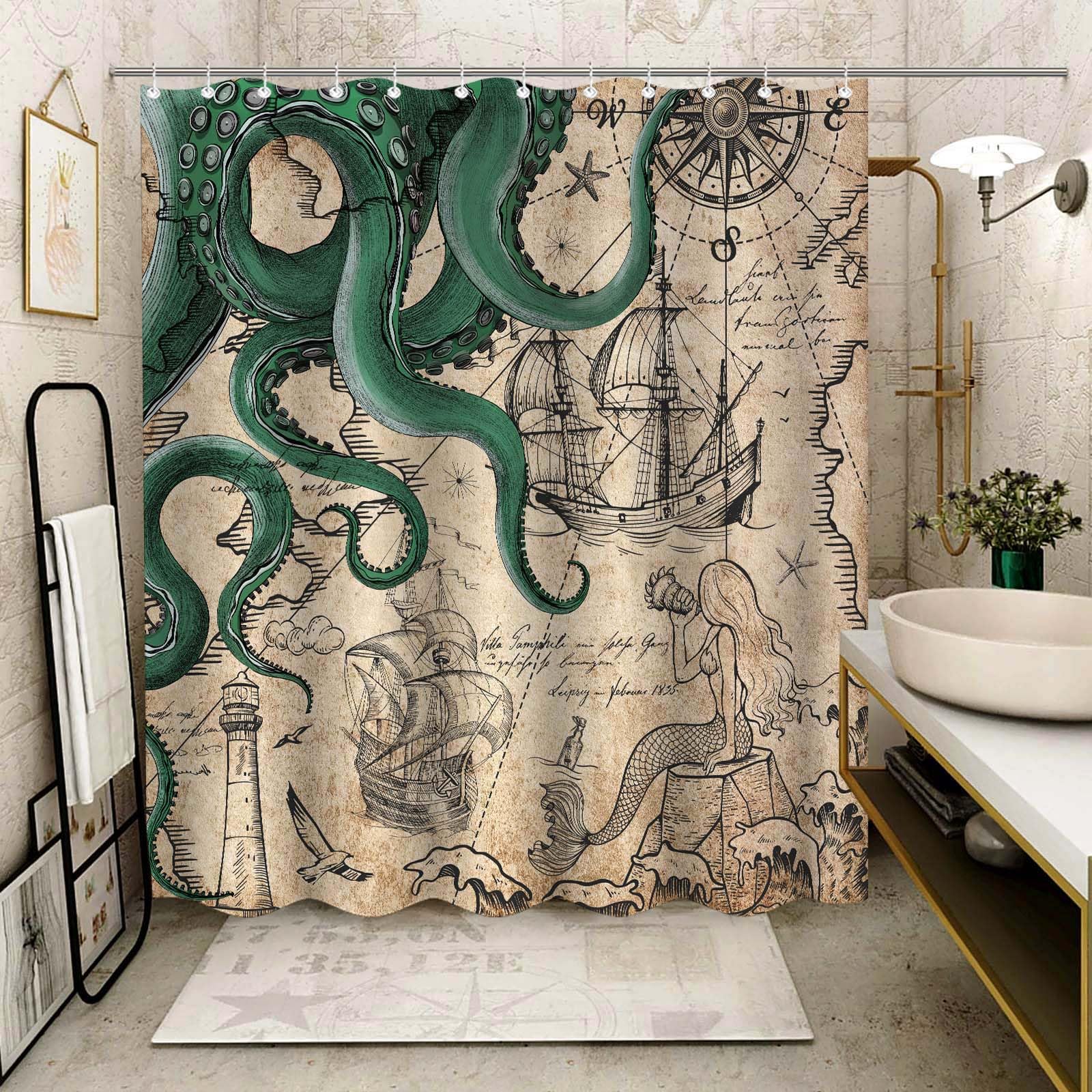 Fungarth Vintage Green Nautical Octopus Shower Curtain Mermaid Funny Ocean Kraken Shower Curtains For Bathroom Cool Anchor Coast