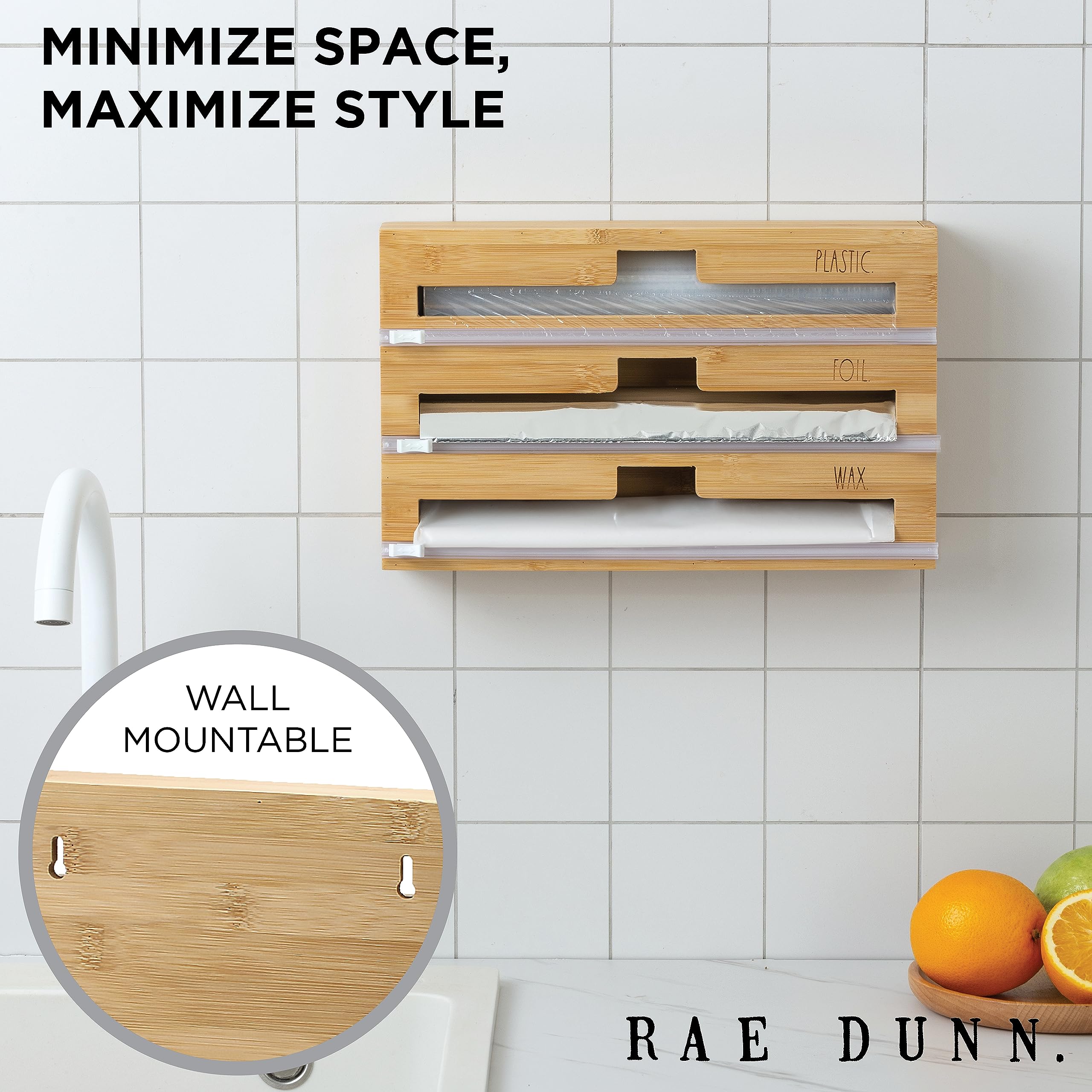 Rae Dunn 3 In 1 Wrap Organizer With Cutter, Plastic Wrap, Aluminum Foil And Wax Bamboo Dispenser For Kitchen Storage Organizatio